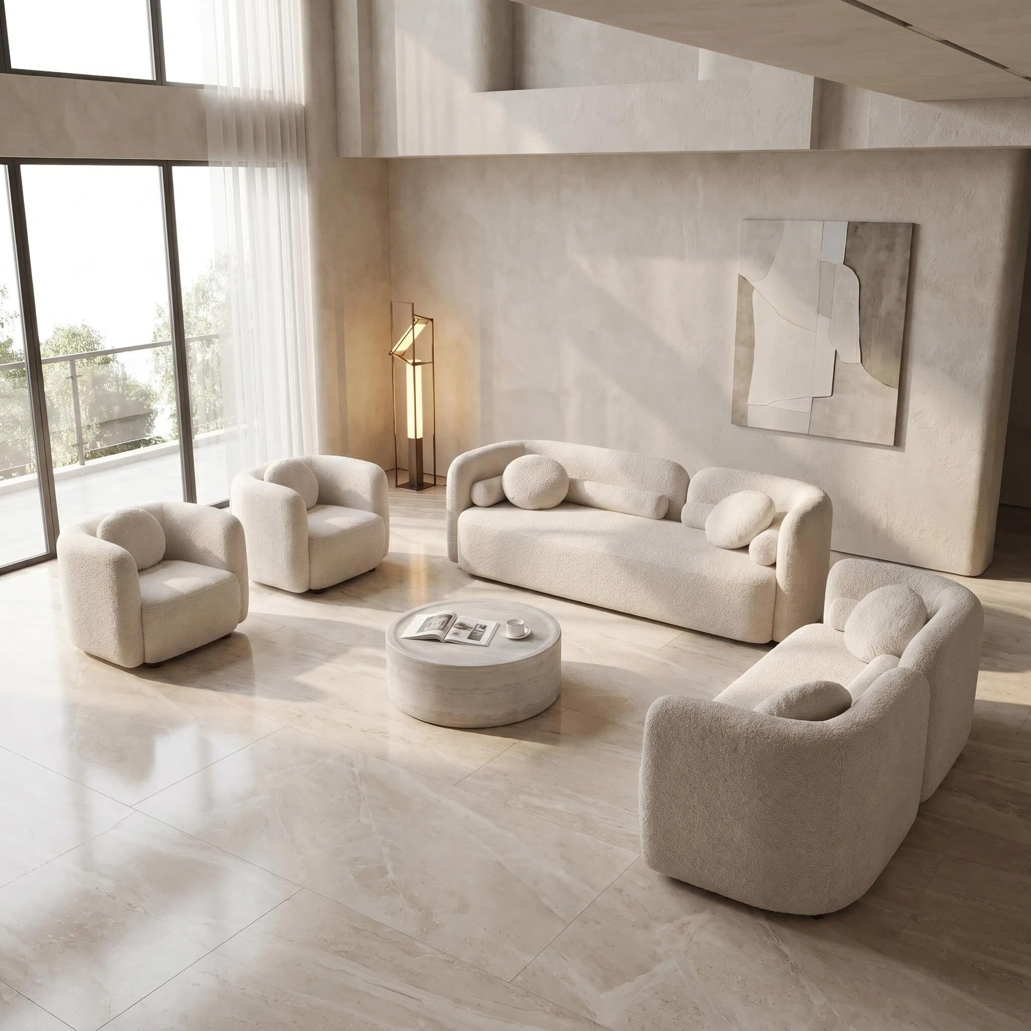 4-Piece Curved Couch Set, Sofa Loveseat &amp; 2 Chairs, Beige