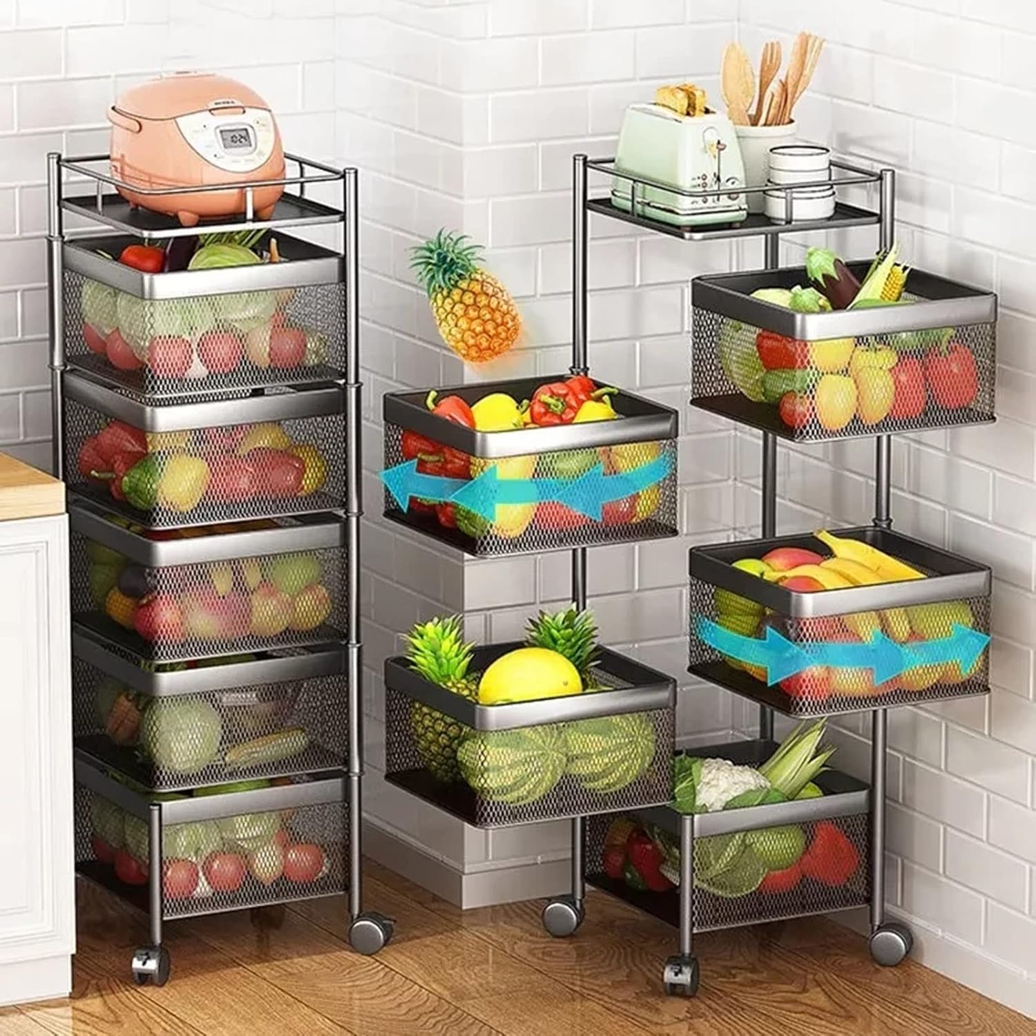 Floor-to-ceiling Multi-layer Kitchen Storage Shelf Rotating Basket Drawer Rolling Trolley Fruit and Vegetable Storage Rack Kitchen Countertop Organizer (Size : Square 5 Tier ()