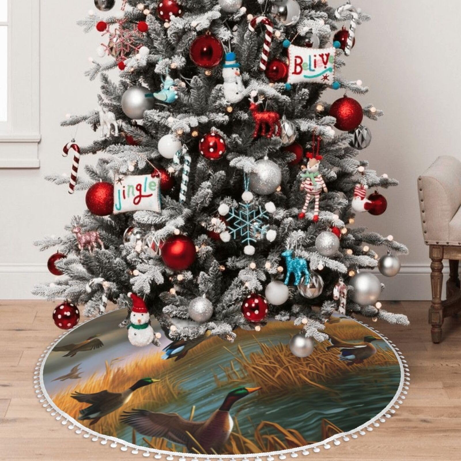 Jagd fliegende Wilde Enten 7 bedruckte Weihnachtsbaumdecke mit Pompon, 122,9 cm Weihnachtsbaumröcke, Dekoration für Zuhause, Garten, Büro, Urlaub, Party