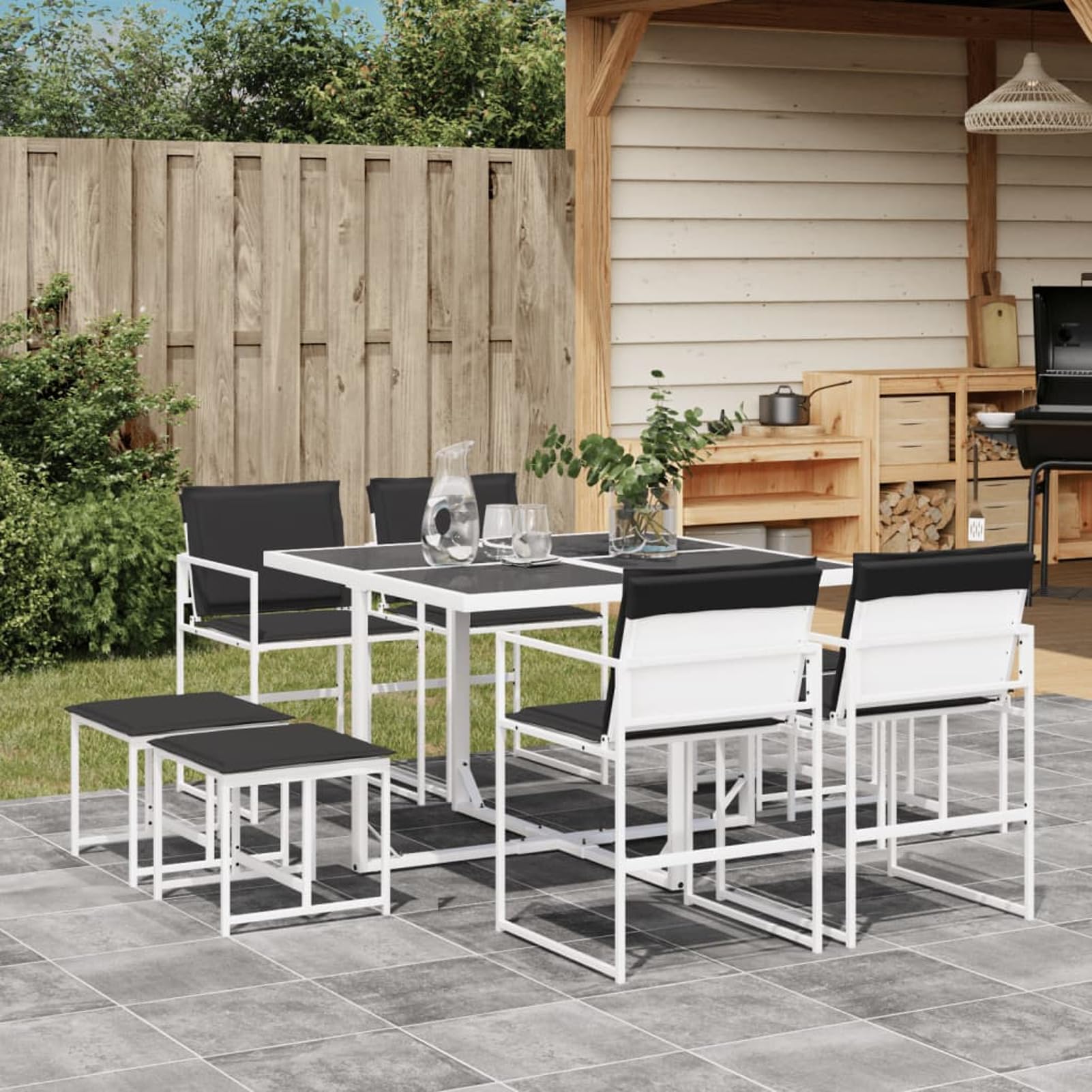 ShGaxin 3295113 - Set da pranzo da giardino con cuscini in textilene bianco, set tavolo e sedie da giardino, tavolo da terrazza all'aperto e sedie, set da giardino, mobili da esterno
