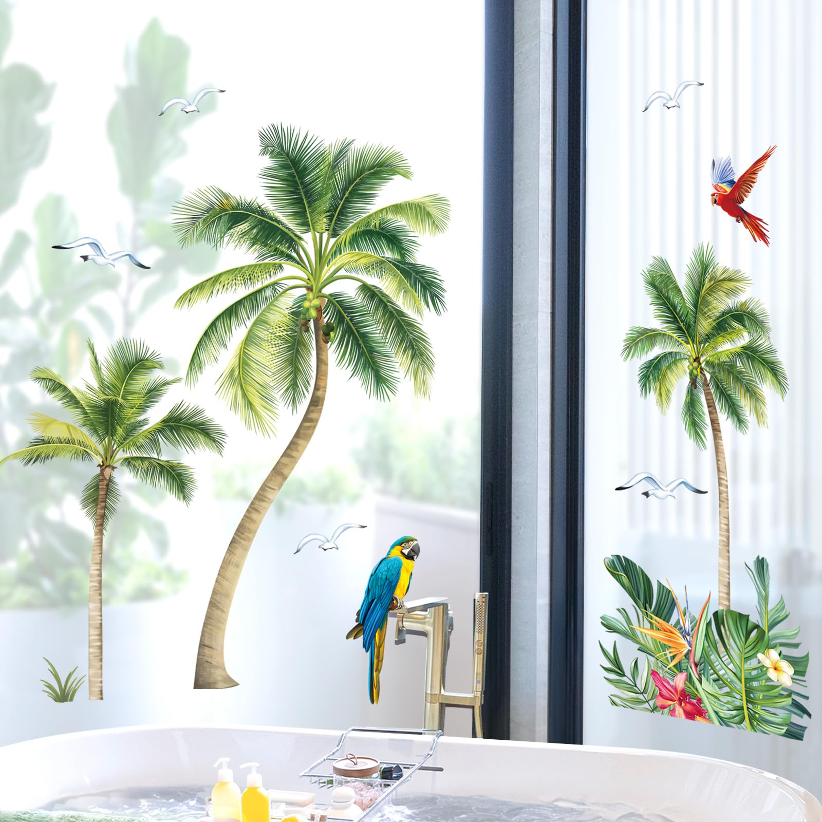 decalmile Autocollants Fenêtre Palmier Tropical Anti-Collision Stickers Plantes Feuilles Tropicales Vertes Été Stickers Vitre Anti-Adhésifs Fenêtre Porte Chambre Décalques