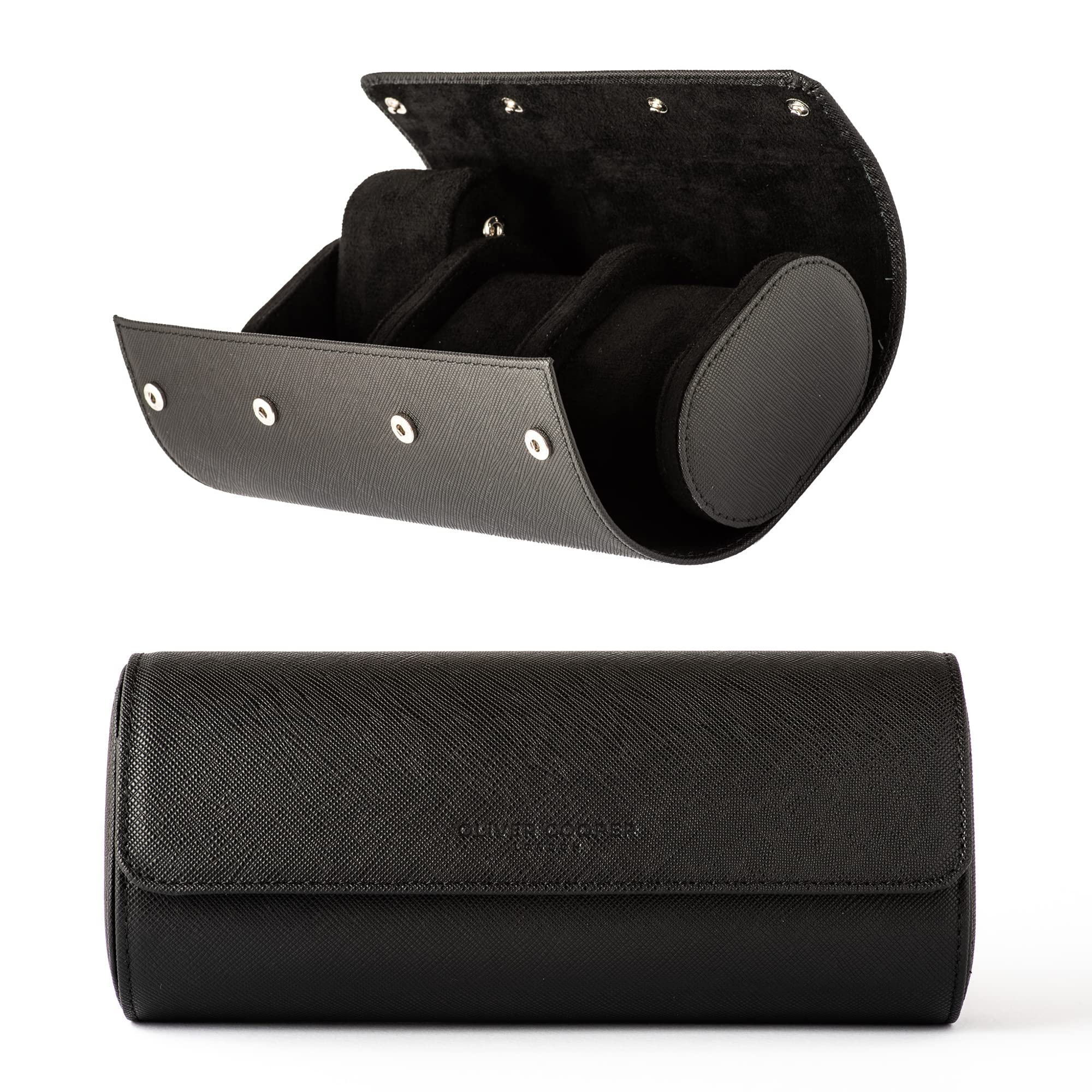 OLIVER COOPER LONDON Watch Roll Travel Watch Case for 3 Watches - Genuine Saffiano Leather, Watch Box for Men with Gift Box, Watch Storage Organizer for Home Storage and Travel (Black)