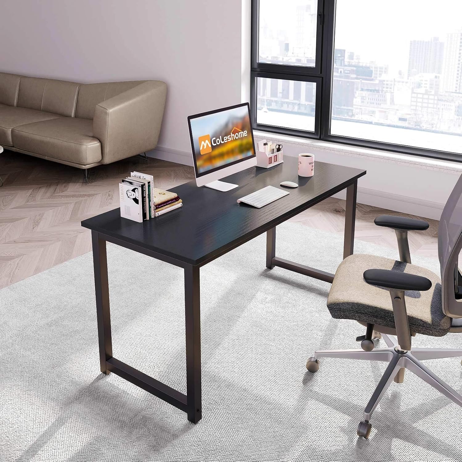 Coleshome Computer Desk 55 inch Modern Sturdy Office Desk Study Writing Desk for Home Office,Black