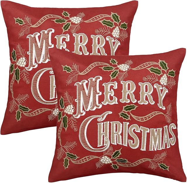 Grelucgo Set Of 2 Embroidered Christmas Holiday Throw Pillow Case Cover, Decorative Sofa Cushion Covers, Square 18 x18 Inch