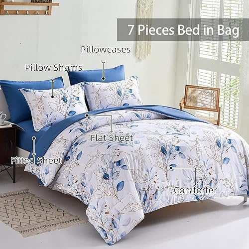 Miniatura 2 de WONGS BEDDING 7 Piezas de Ropa de Cama Floral Azul en una Bolsa, Tamaño King, Juego de Edredón Botánico Reversible con Hojas Azules y Dorada, Juego