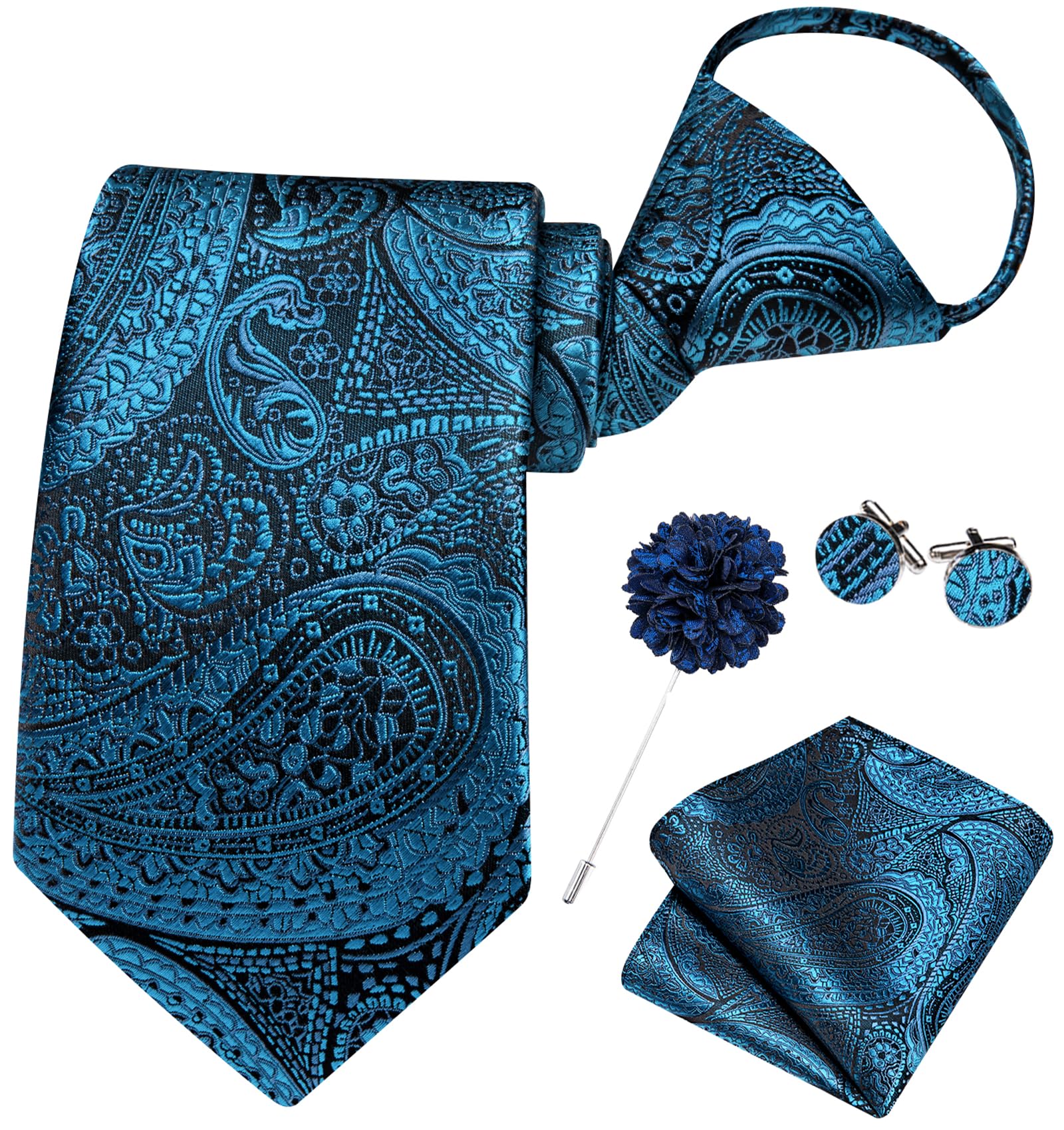 Hi-Tie Teal Zipper Ties for Men Paisley Adjustable Pre-Tied Necktie Lapel Pin Pocket Square Cufflinks Set
