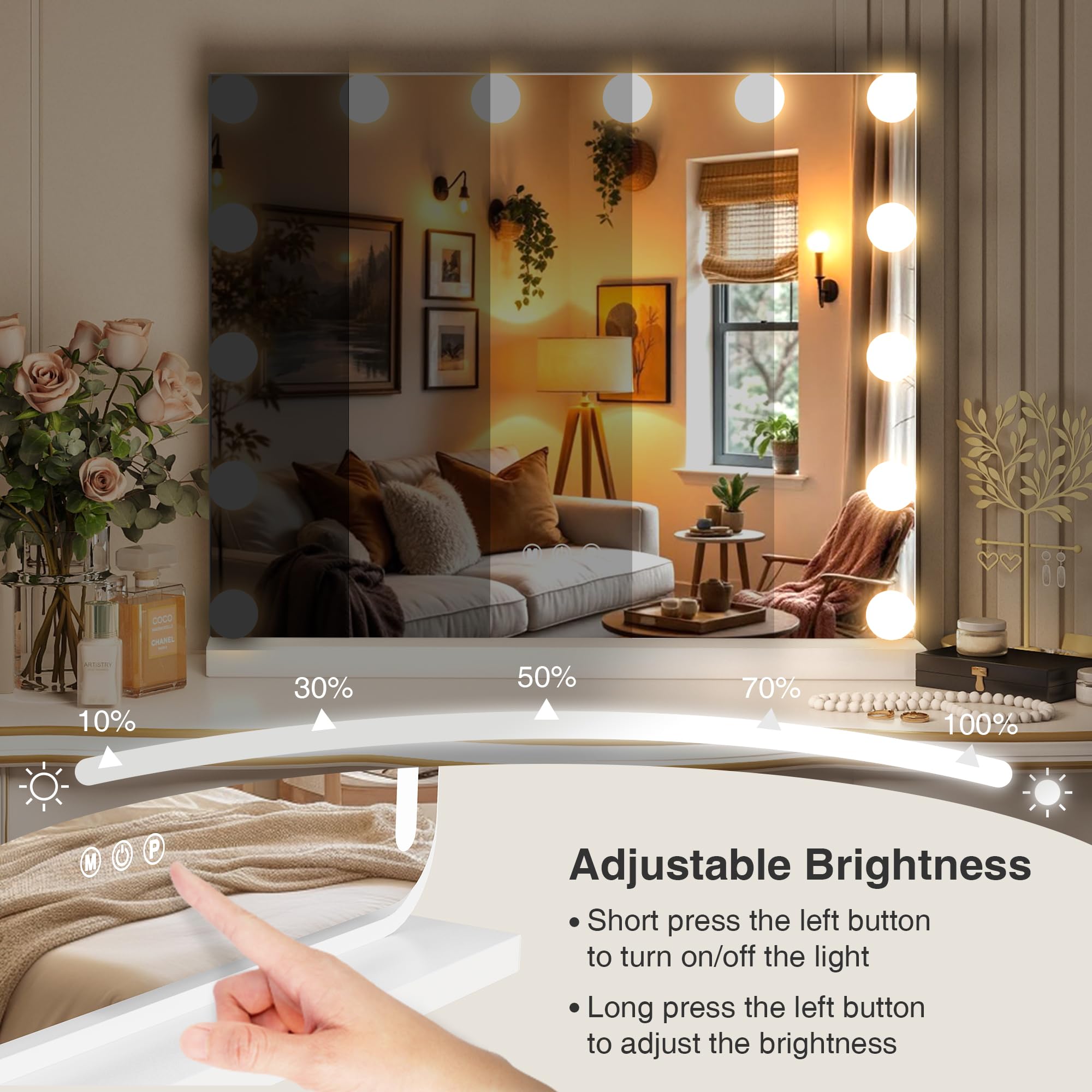 Miroir cosmétique Hollywood avec 3 Modes de Couleur, Miroir cosmétique éclairé avec Lampes LED à intensité Variable et grossissement 10x pour Bureau (52 cm x 40 cm)