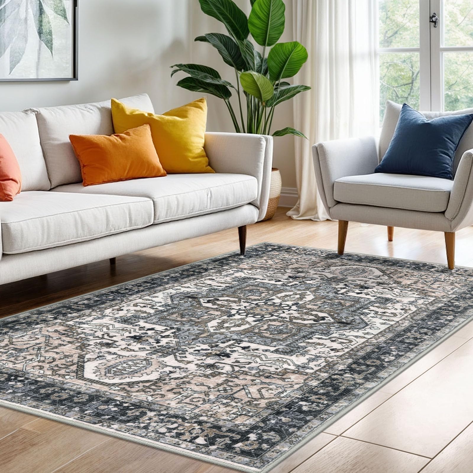 KOZYFLY Area Rug 4x6 Ft Washable Rugs for Entryway Non Slip Faux Wool Printed Throw Rug for Kitchen Bedroom Hallway Living Room Indoor Floor Decoration, Blue Gray Black & Beige โ image 1