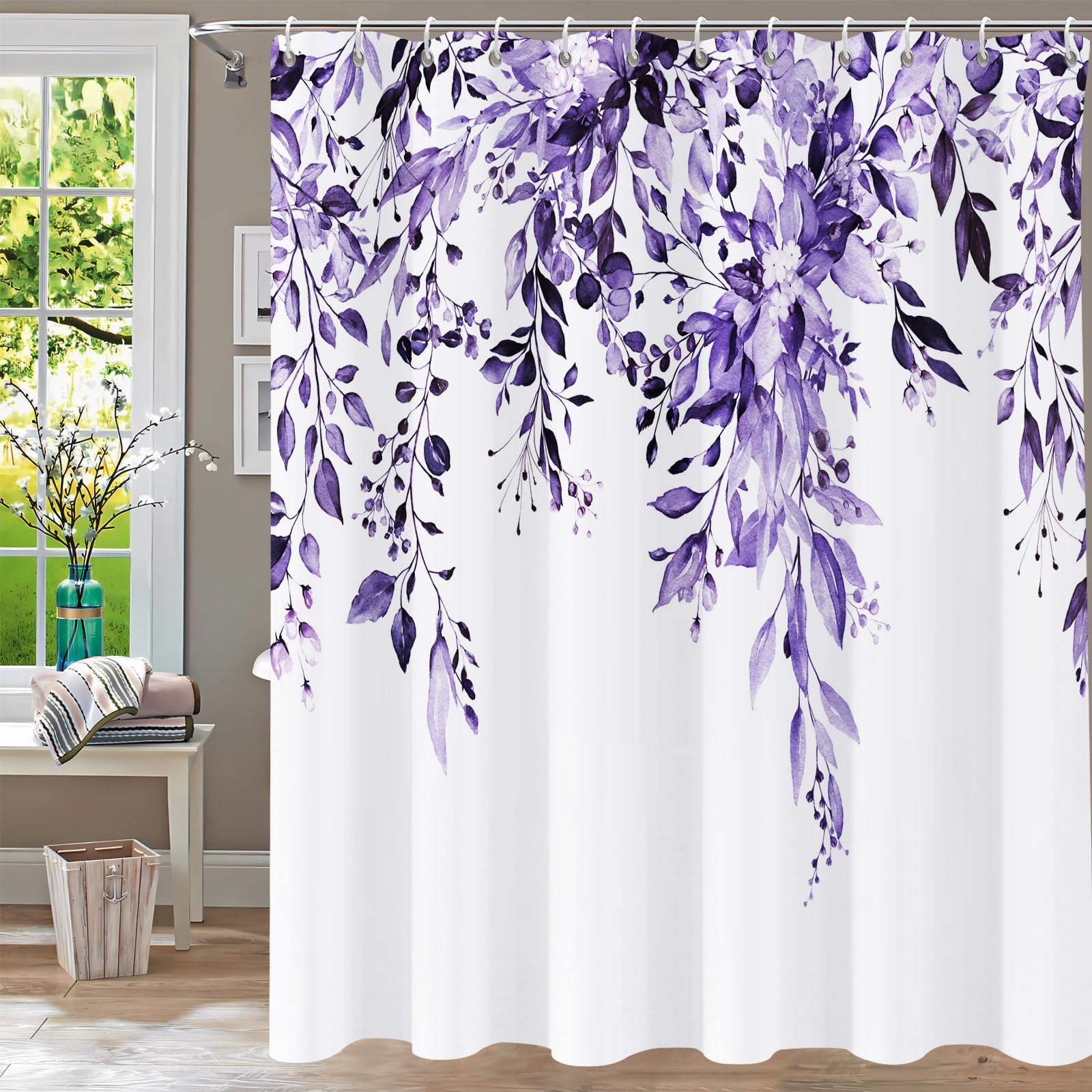 Nulpen Eucalyptus Purple Eucalyptus Shower Curtains For Bathroom, Watercolor Leaf Bath Curtain Waterproof Plant Leaves Fabric Cloth With Hooks(120X180cm/Wxh/Eucalyptus Purple)