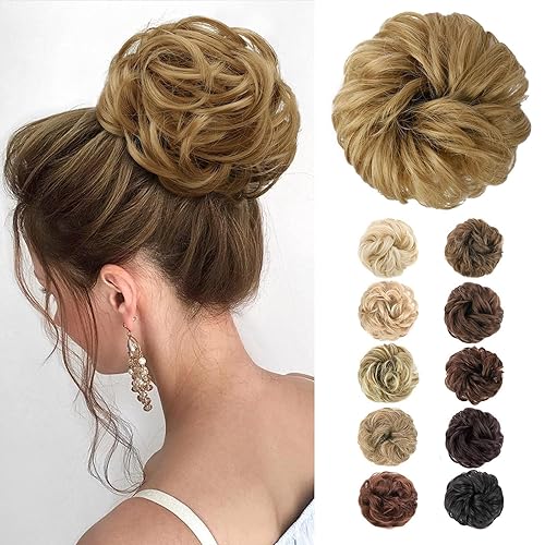 Morica - 1 extensión de cabello sintético en forma de moño estilo ondulado, recogido y desordenado, y con banda elástica para mujeres (color rubio