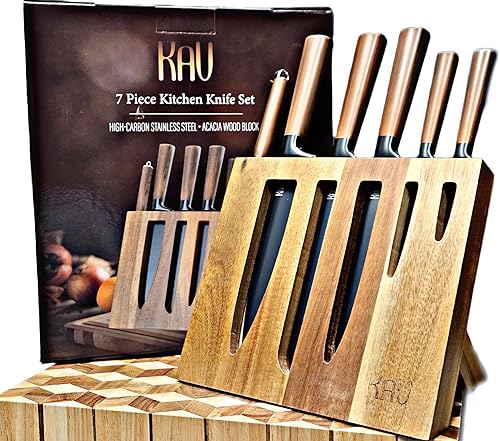 KAV - Juego de cuchillos con bloque, 7 cuchillos de cocina y varilla de afilar, juego de cuchillos de acero inoxidable en negro mate de alto