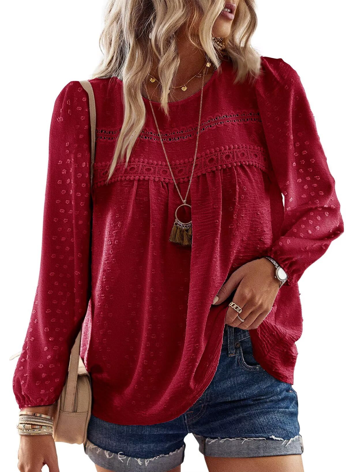 TUUHAW Camicia Donna Manica Lunga Autunno Boho Top con Scollo Rotondo Punto Svizzero Bluse Pizzo Elegante Maglietta Casual