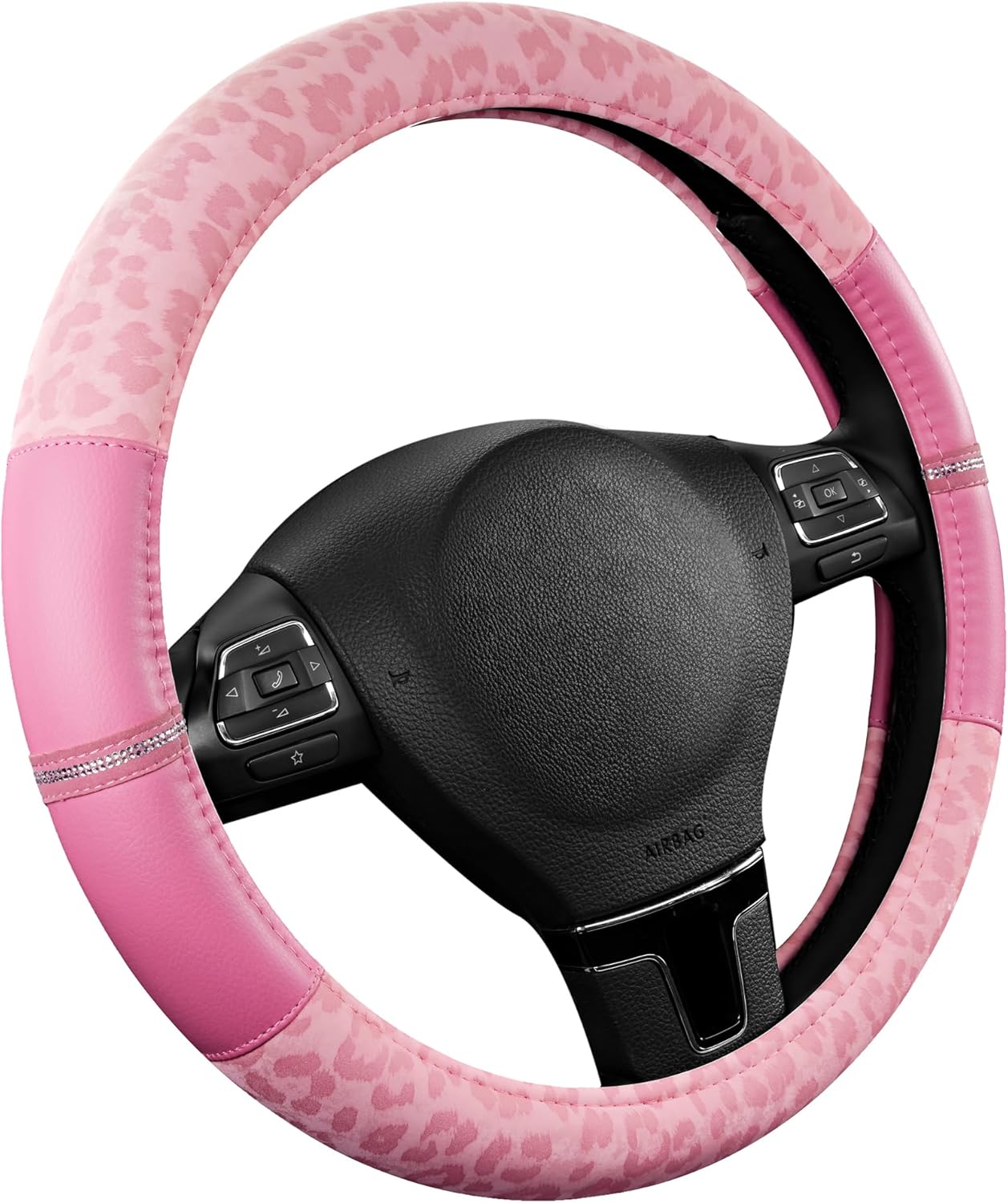 road comforts leopard steering wheel cover, cute anti-slip microfiber leather, universal fit 14.5-15 inch round steering wheel - full pink round all pink