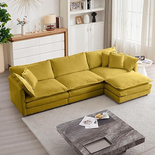 mikibama Modular Sectional Sofa, 111.5 Inch L Shaped Couch Set for Living Room, 3-Seater Comfy Cloud Couches with Movable Ottoman, DIY Combination, Chenille, Yellow