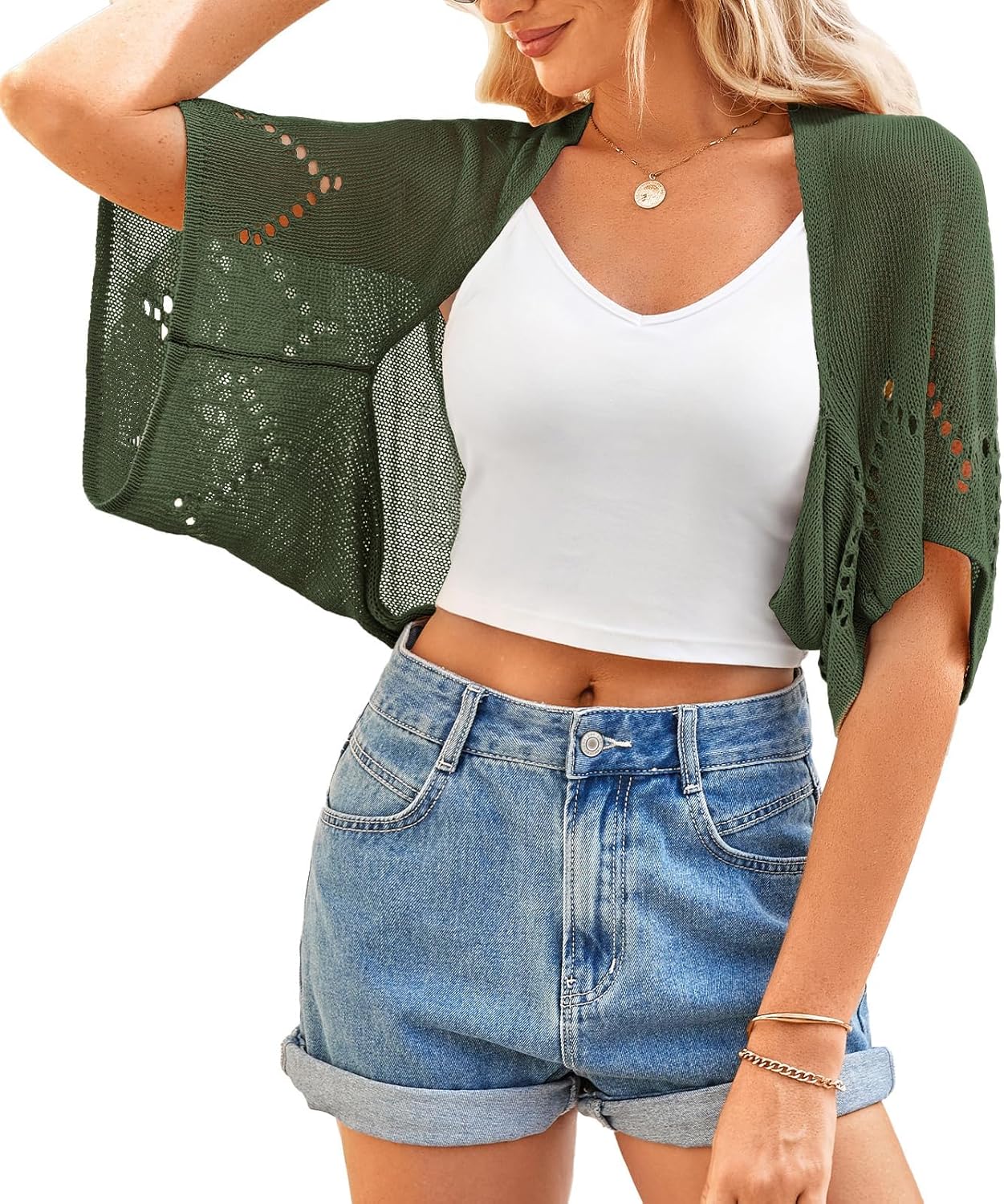 BB&KK Women's Summer Crochet Cardigans Hollow-Out Batwing Short Sleeve Lightweight Open Front Shrug Bolero Sweaters