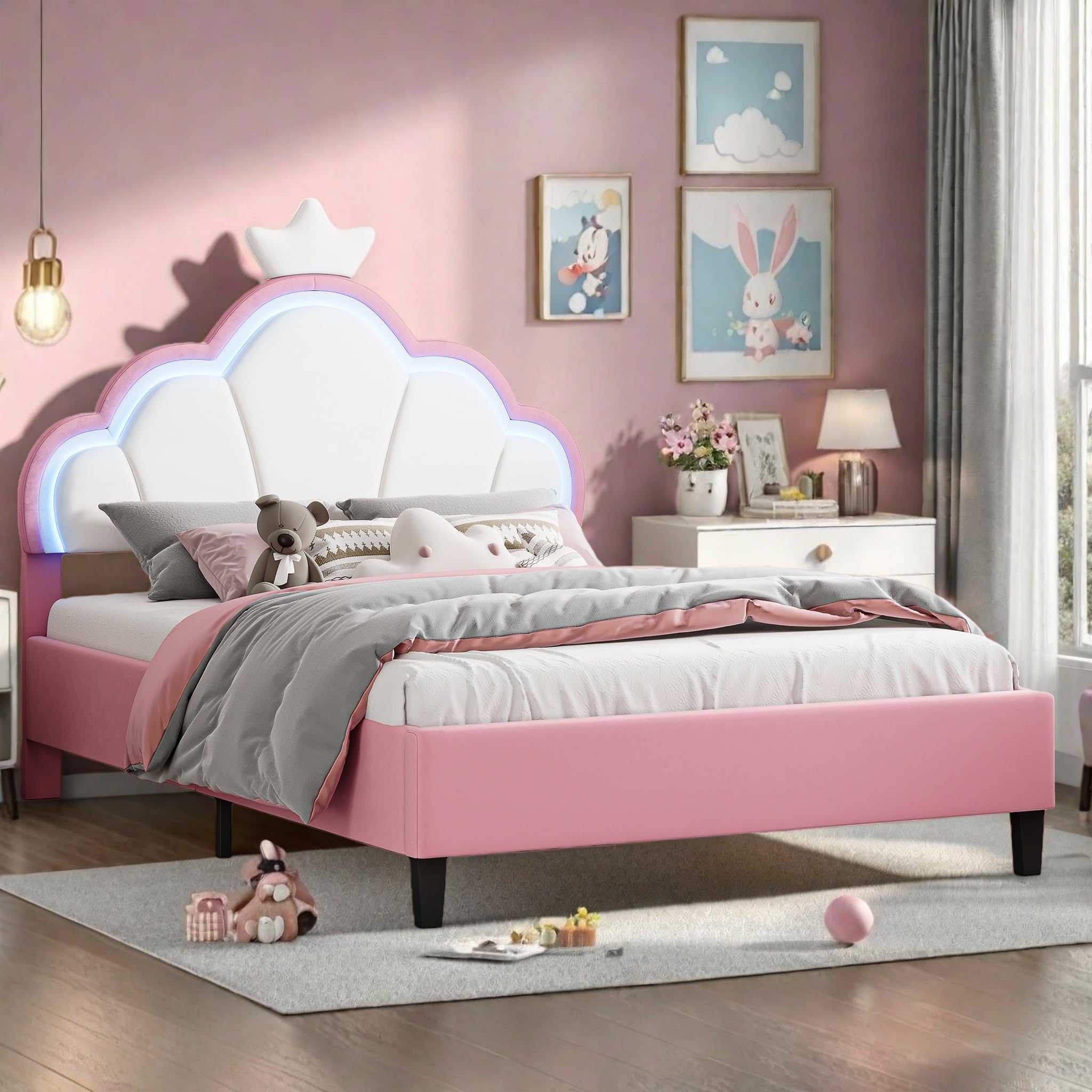 Letto imbottito 140x190 cm per ragazze, struttura letto per bambini con testata regolabile Crown e rete a doghe, letto da principessa, letto matrimoniale per bambini e adolescenti, senza