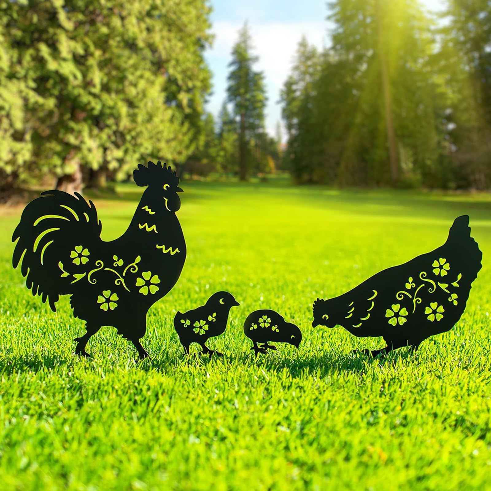 Lot de 4 décorations de jardin en métal, décoration de coq, cadeaux pour dames et messieurs, silhouette de coq noire, statues pour l'extérieur, jardin, cour, terrasse