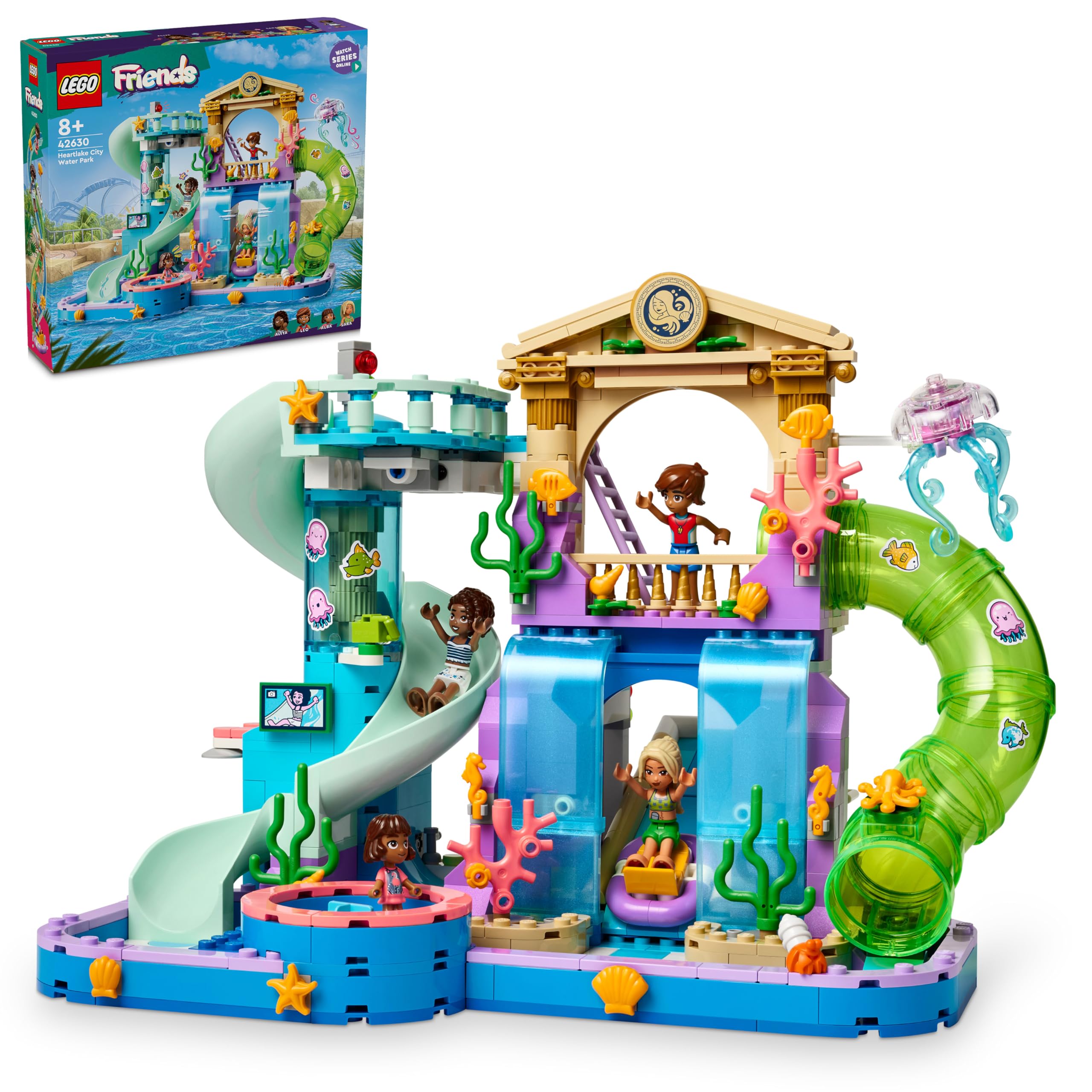 LEGO Friends Parco Acquatico di Heartlake City - Giocattolo con 4 Mini Bamboline, 3 Scivoli e Tanti Accessori peri Giochi Estivi - Regalo Creativo per Bambine da 8 Anni in su - 42630