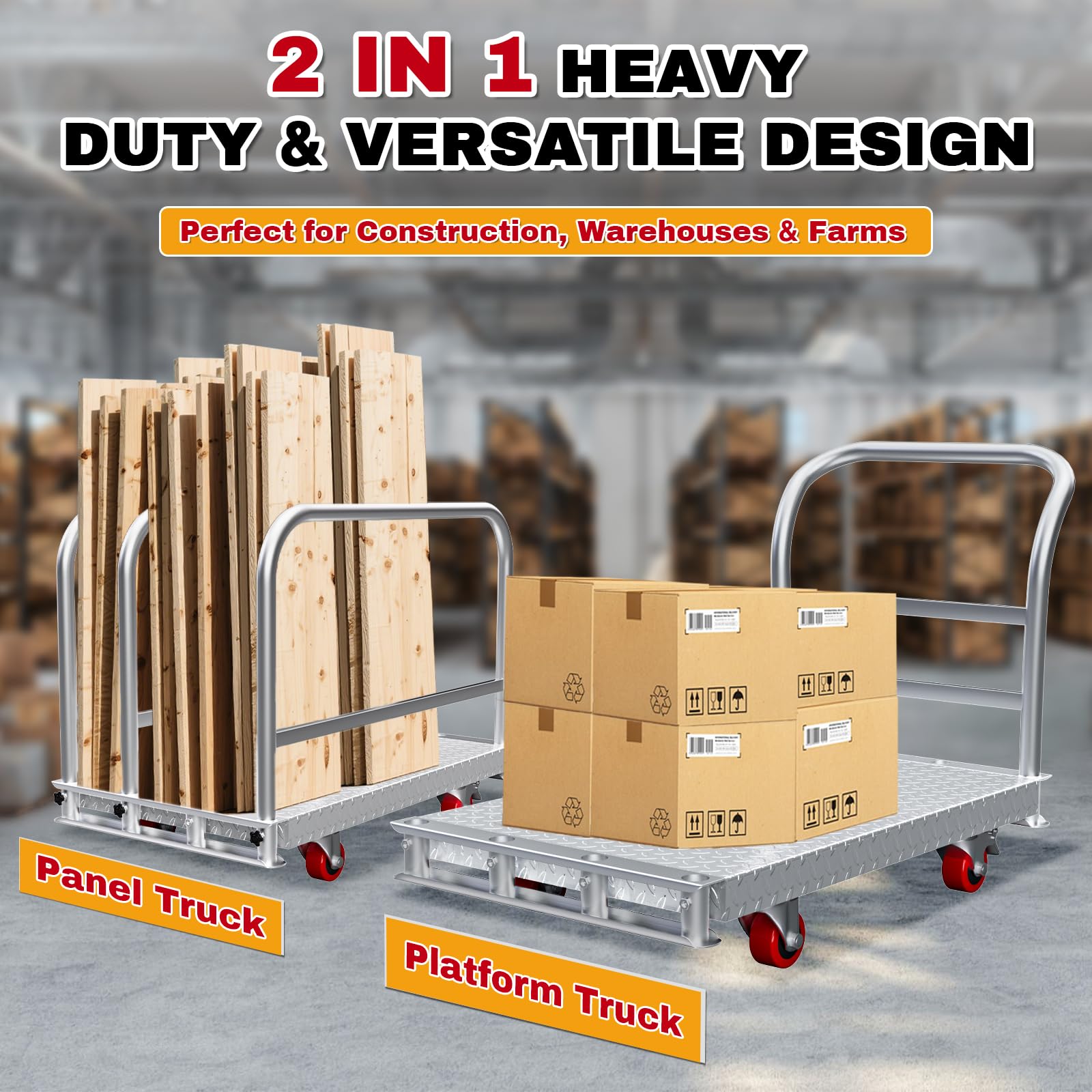 Large Steel Panel Cart Dolly – 2IN1 Heavy Duty Drywall Lumber Platform Truck with 2700 LBS Capacity, 2.2MM Steel Plate, 6.3