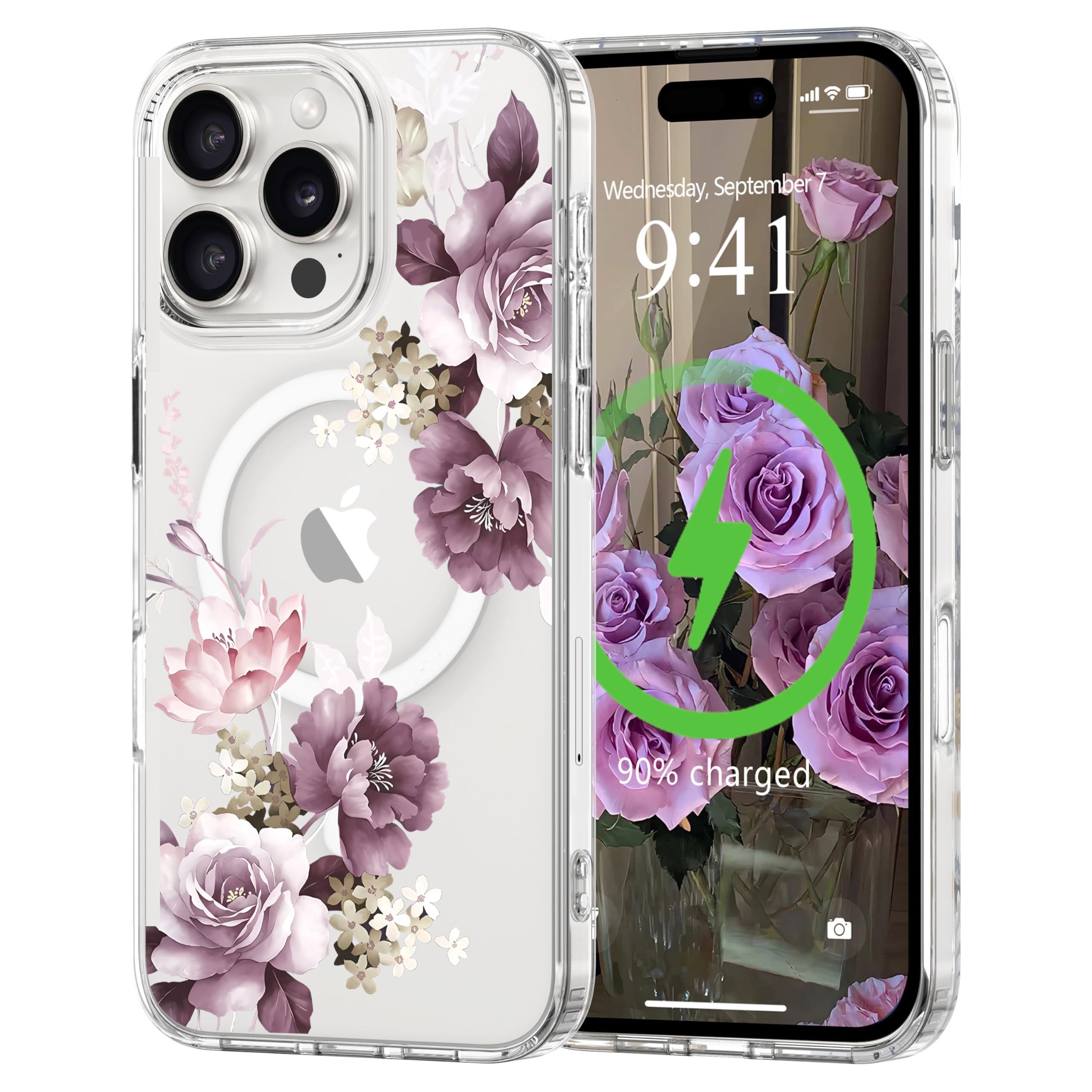 for iPhone 16 Pro Max Case [Compatible with Magsafe], Cute Flower Girls Women Clear Case Silicone Shockproof Protective Cover with Pretty Floral Pattern for iPhone 16 Pro Max,Purple