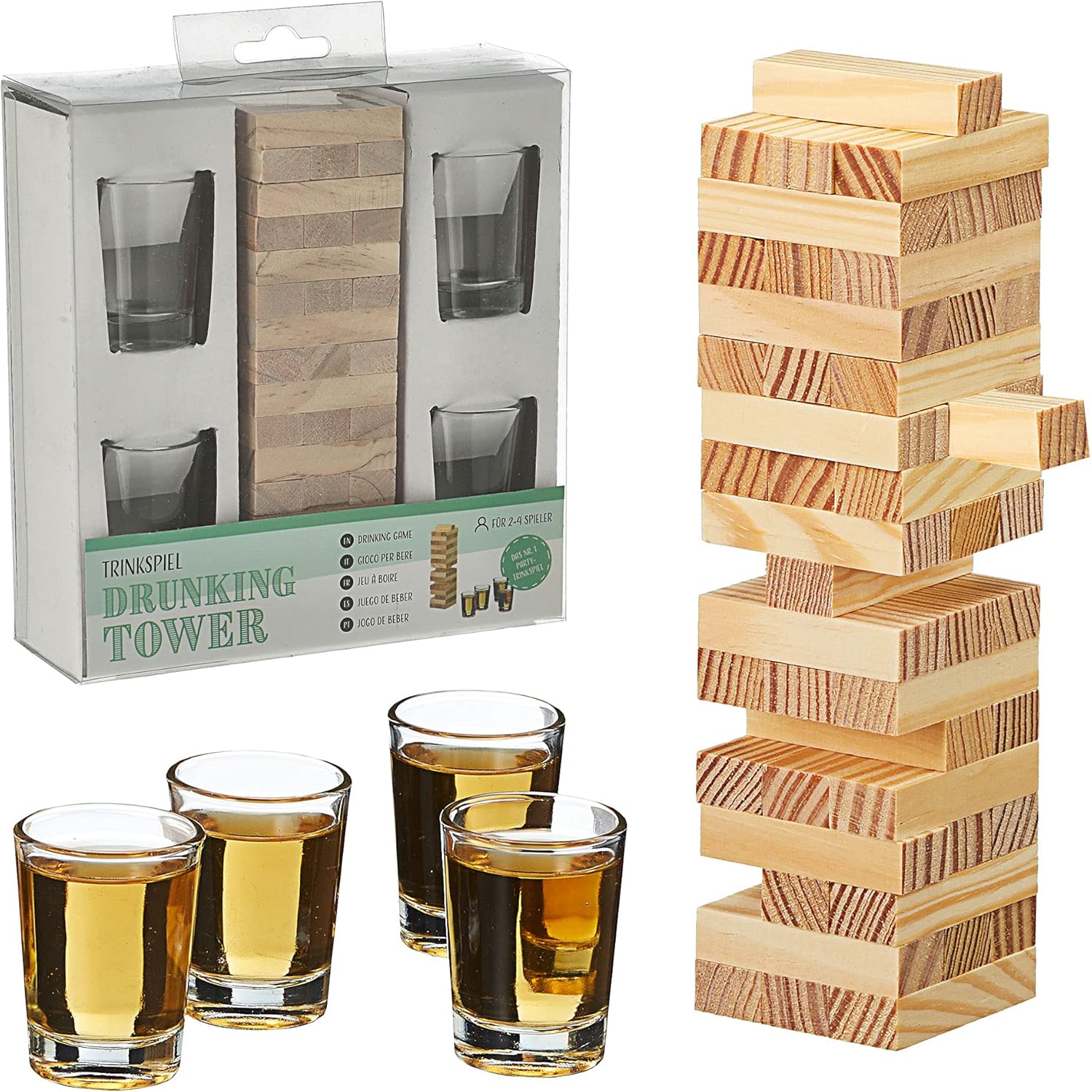 Cepewa Juego de beber con torre de madera, juego de fiesta, 48 piedras, 4 vasos de chupito