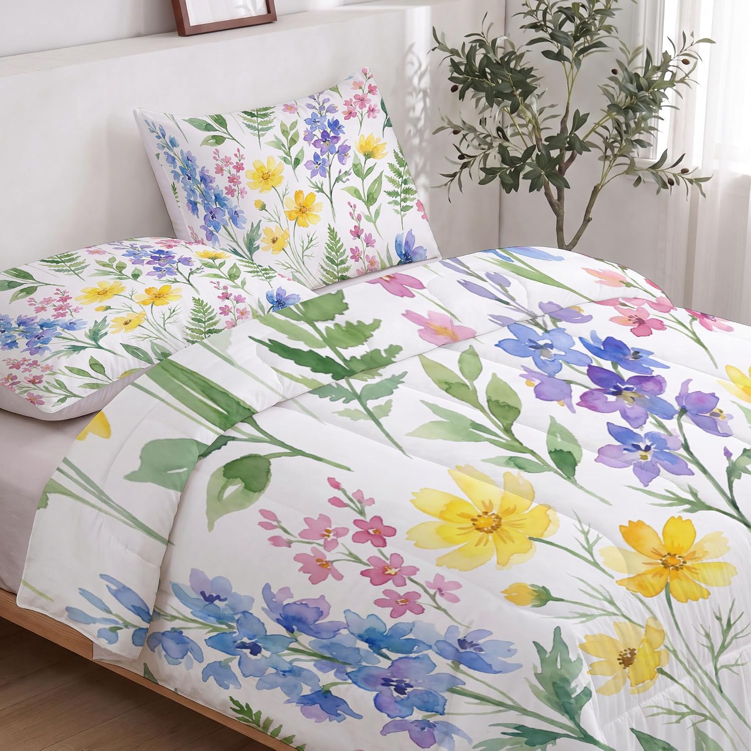 Watercolor Wildflowers Quilt Queen Size Blue Quilt Bedding Set | 3 Pieces Soft Lightweight Microfiber Fresh Plant Branches and Leaves Bedspread Coverlet Set for All Season, 90"X90"