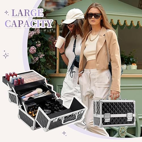 Miniatura 6 de Leeora&Leekoo Estuche de maquillaje para cosméticos, caja de maquillaje portátil, organizador de 2 bandejas, almacenamiento de maquillaje con espejo