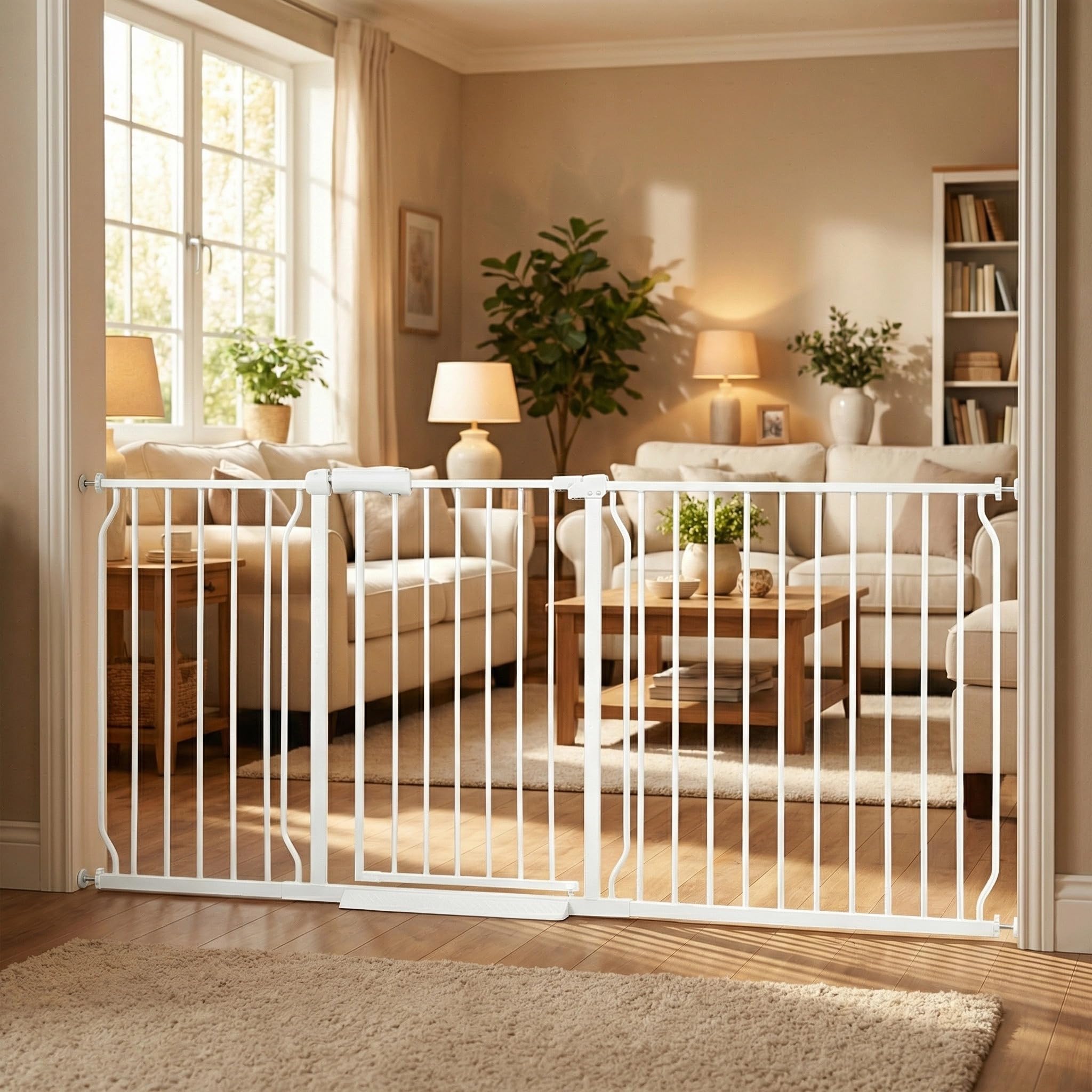 Extra Wide Baby Gate71.5-76.3" Dog Gate for Doorways, Pressure Mounted No Drill Safety Gate for Kitchen, Hallways, White Metal Pet Gate for Dogs