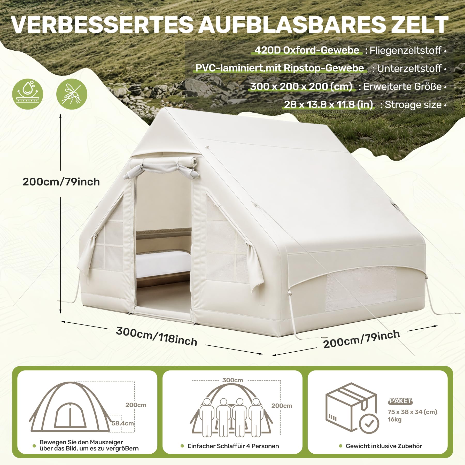 Hawthyhome Aufblasbares Zelt 3x2m, Campingzelt für 2-6 Per mit Luftpumpe aus Wasserdichtem Oxford-Stoff für Jahreszeiten, Schneller Aufbau Luftzelte