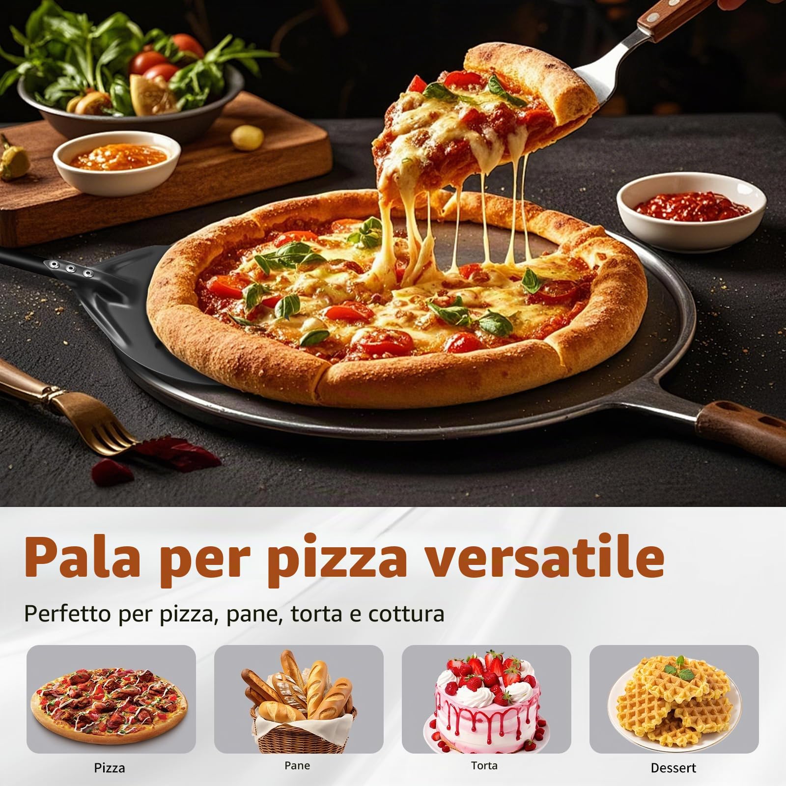 Set di pale per pizza perforate, pala per pizza da 12",paletta per pizza da 6",pala per pizza in alluminio resistente al calore con manico in silicone,set di sollevatori per pizza antiaderenti