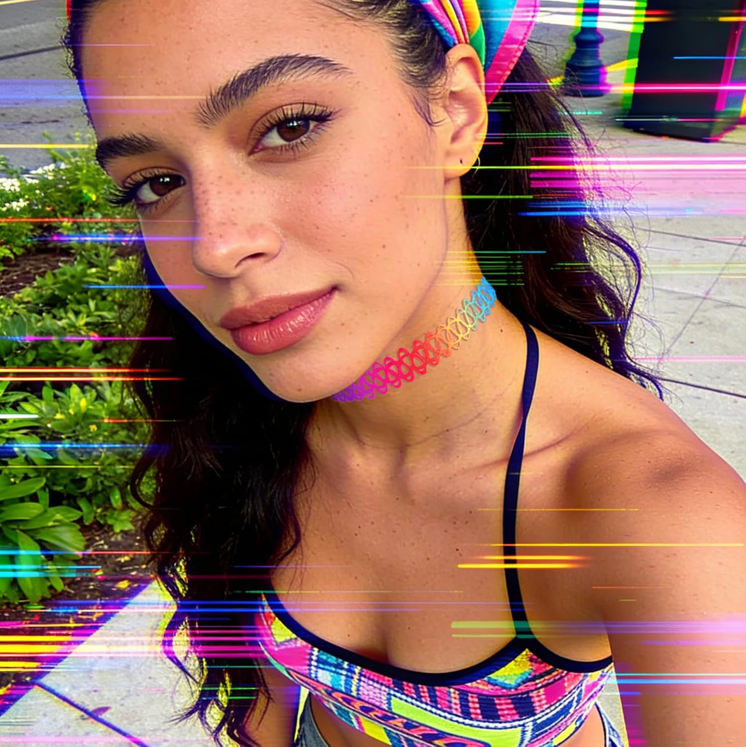 2PCS Rainbow Tattoo Choker Necklace Gothic 90s Choker Necklace 2000s Jewelry Vintage Grunge Collar Necklace Y2K Stretchy Elastic Jewelry for Women