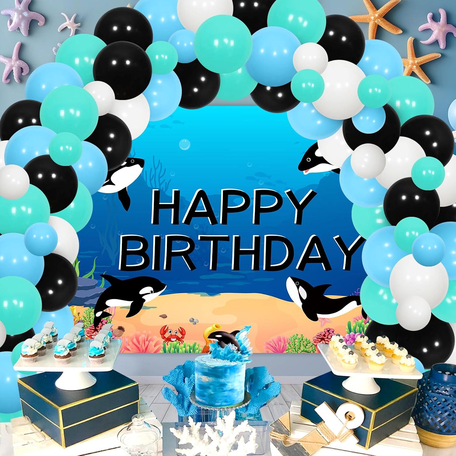 Killer Whale Birthday Party Decorations Orca Birthday Backdrop Banner Orca Birthday Party Decorations Blue Black White Balloon Garland Arch for Boy Girl Under The Sea Birthday Party Supplies