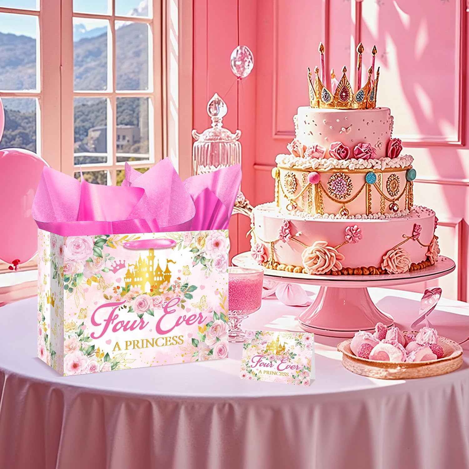 Peconal 4th Birthday Gift Bag Four Ever a Princess Birthday Decorations Four Ever a Princess Gift Wrapping Paper Bag with Tissue Paper and Greeting Card for 4 Year Old Party Favors Supplies - Image 4