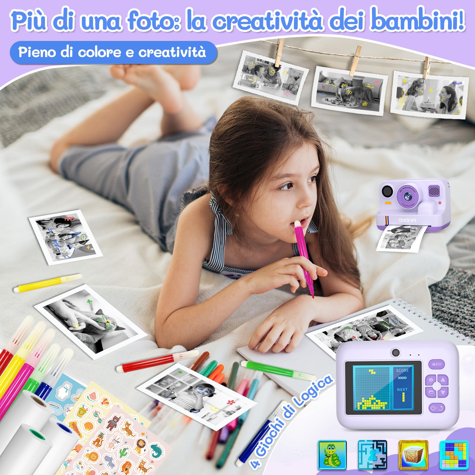 Macchina Fotografica Bambini Istantanea, 1080P Fotocamera Istantanea Bambino, 2.4 Pollici Fotocamera Digitale Bambini con Scheda da 32GB & Papier Photo, Regalo per Ragazze Ragazzi da 3-12 Anni