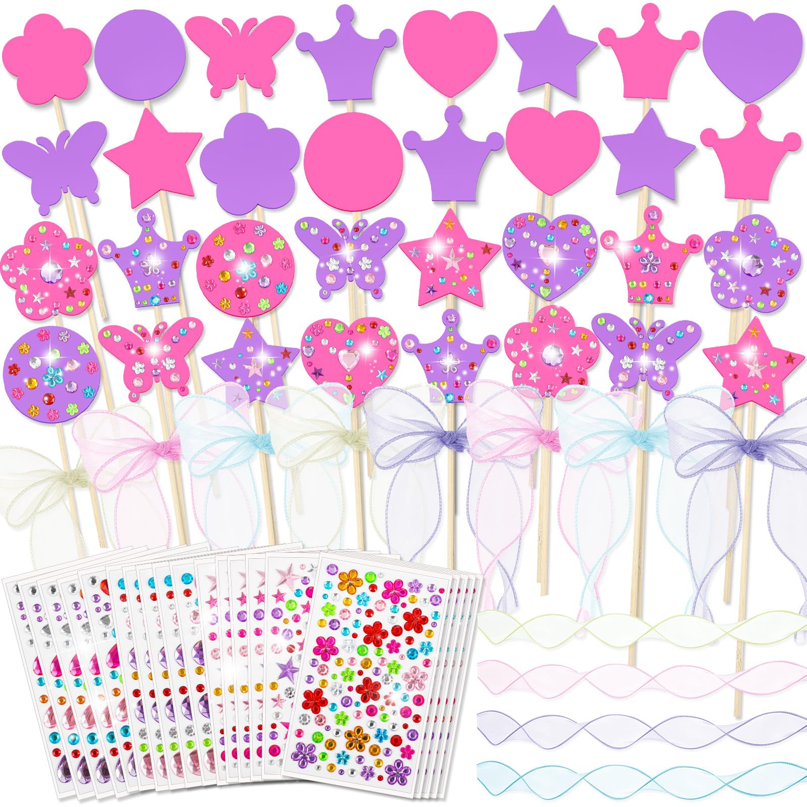 Juexica Il kit da 72 bacchette da principessa include 6 stili di accessori da principessa in legno non finiti, adesivi con gemme, nastri, per creare le tue bacchette per feste di compleanno per