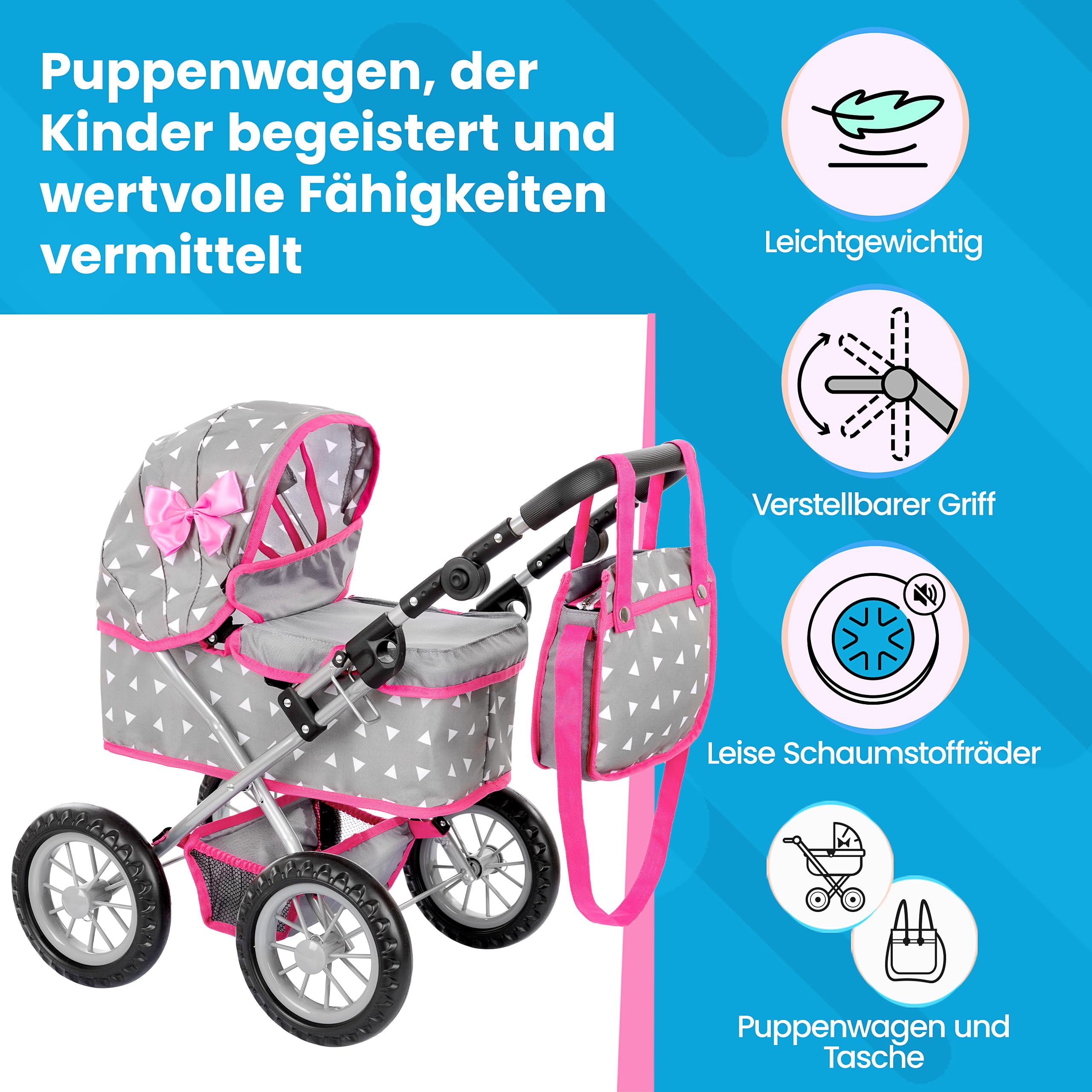 Kinderplay Puppenwagen mit großer Wanne – Höhenverstellbarer Griff 33–63 cm – Für Puppen bis 41 cm – Leichter Puppenbuggy für Kinder ab 3 Jahren – Leise Schaumräder