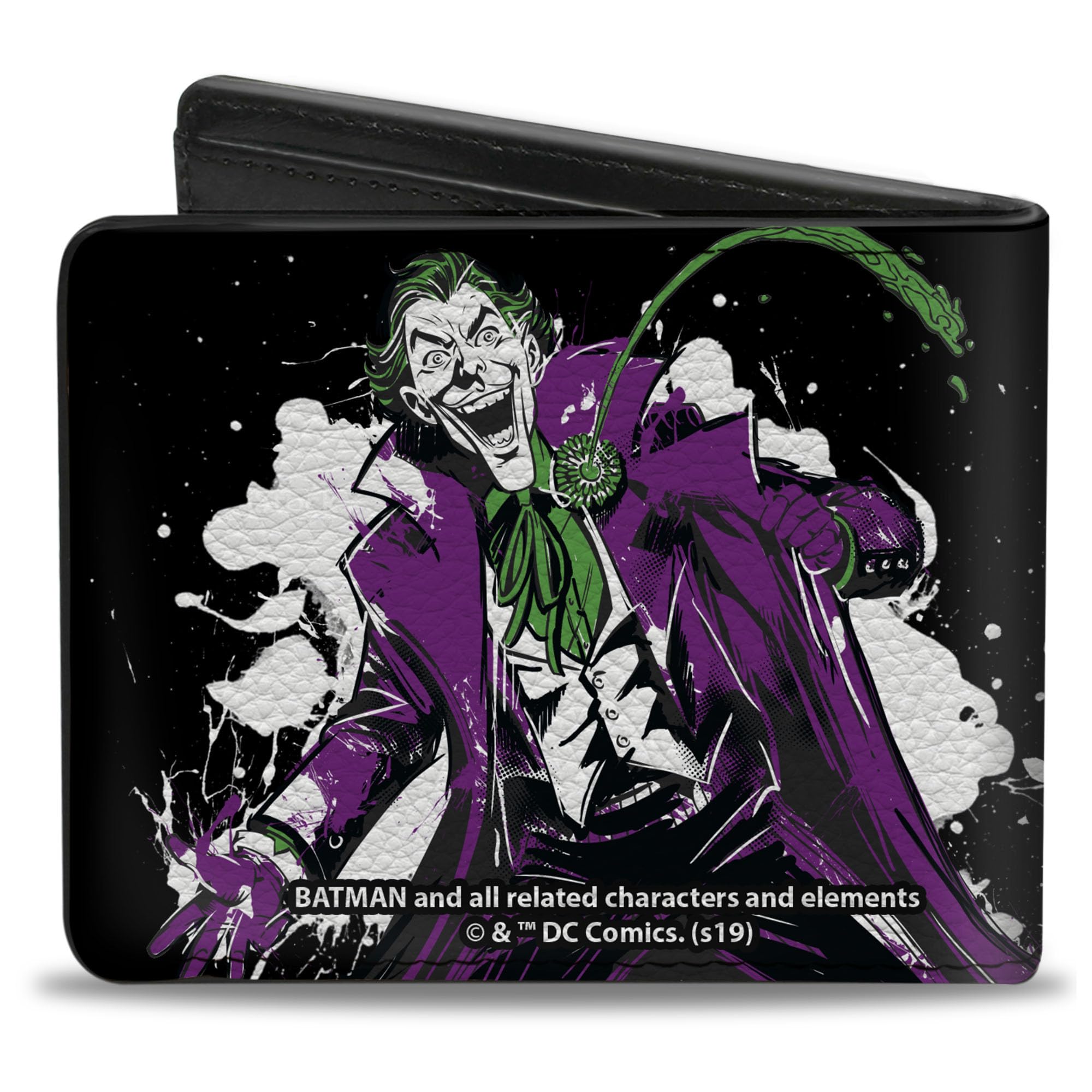 Buckle-Down Men's DC Comics Wallet, Bifold, Joker The Clown Prince of Crime Flower Squirting Pose Black, Vegan Leather, 4.0