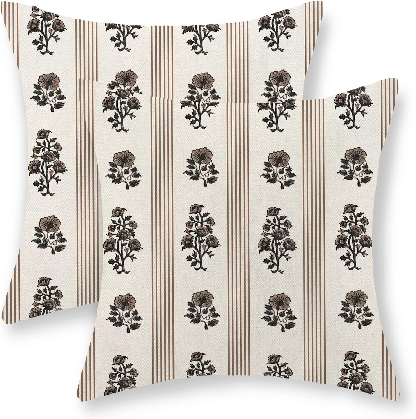 Floral Pillow Covers 20x20 Inch Set of 2 Block Print Brown Throw Pillows Vintage Flower Boho Outdoor Decorative Pillow Cases Striped Farmhouse Linen Cushion Case for Couch Sofa Home Decor 20" x 20" (Pack of 2) Brown Block Print