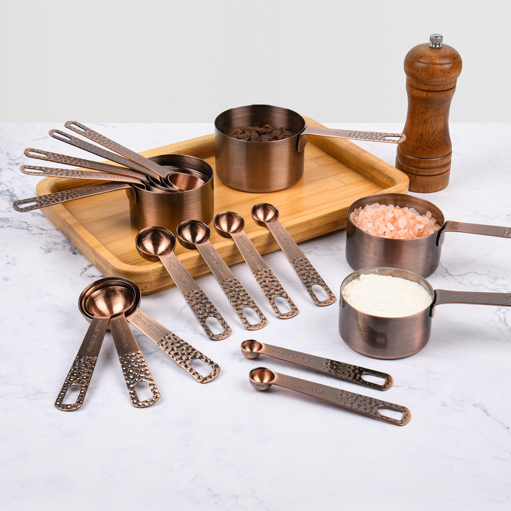 Kupfer-Messbecher und Löffel-Set, Edelstahl-Messbecher, Löffel, Metall, metrisch und US 8 Messbecher, 9 Kicthen Messlöffel & Nivellierer für Backen und Küche