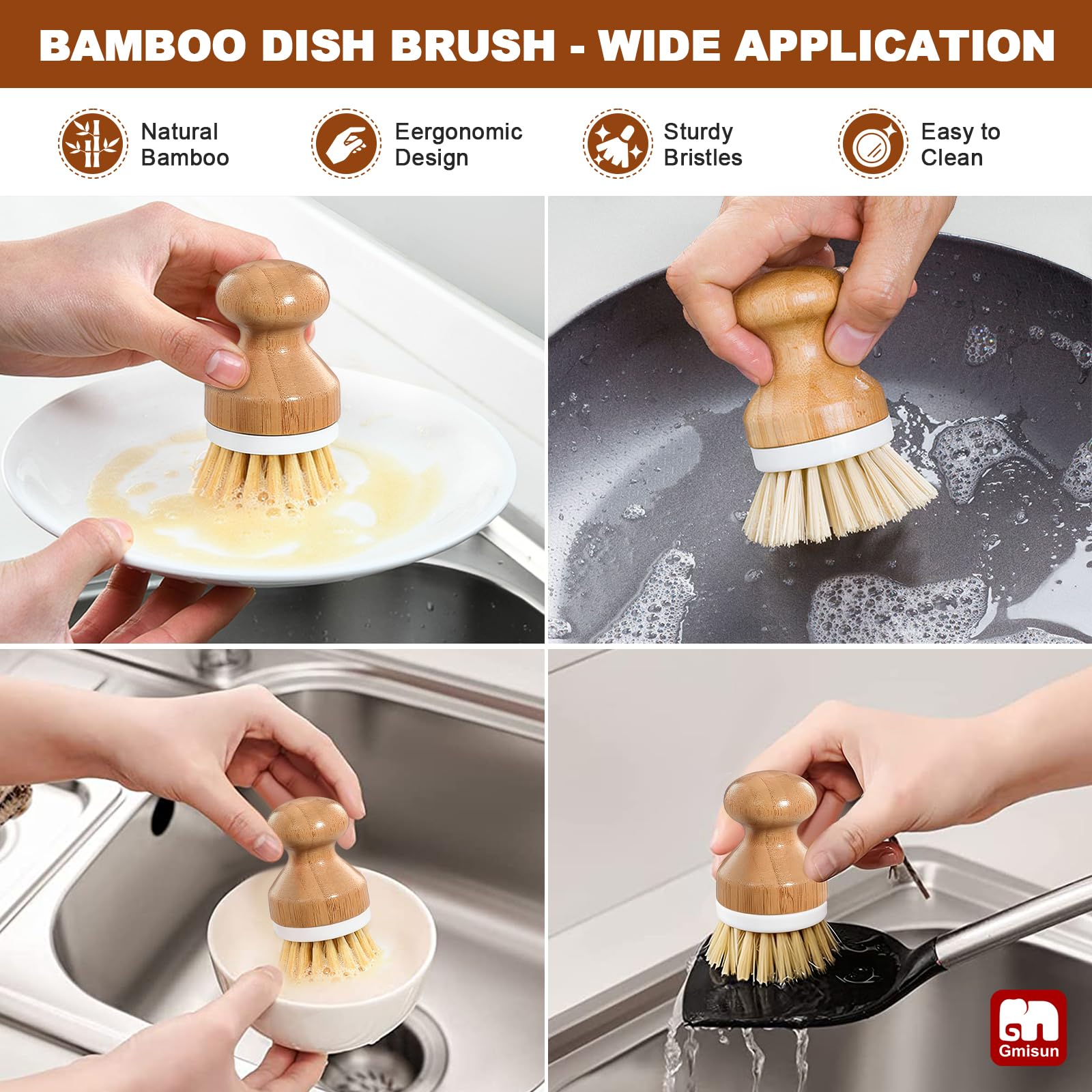 GMISUN - Juego de dispensador de jabón de cocina, dispensador de jabón para platos de 16 onzas con bandeja de cerámica y cepillo de bambú para platos, paquete de 2 dispensadores de jabón de vidrio