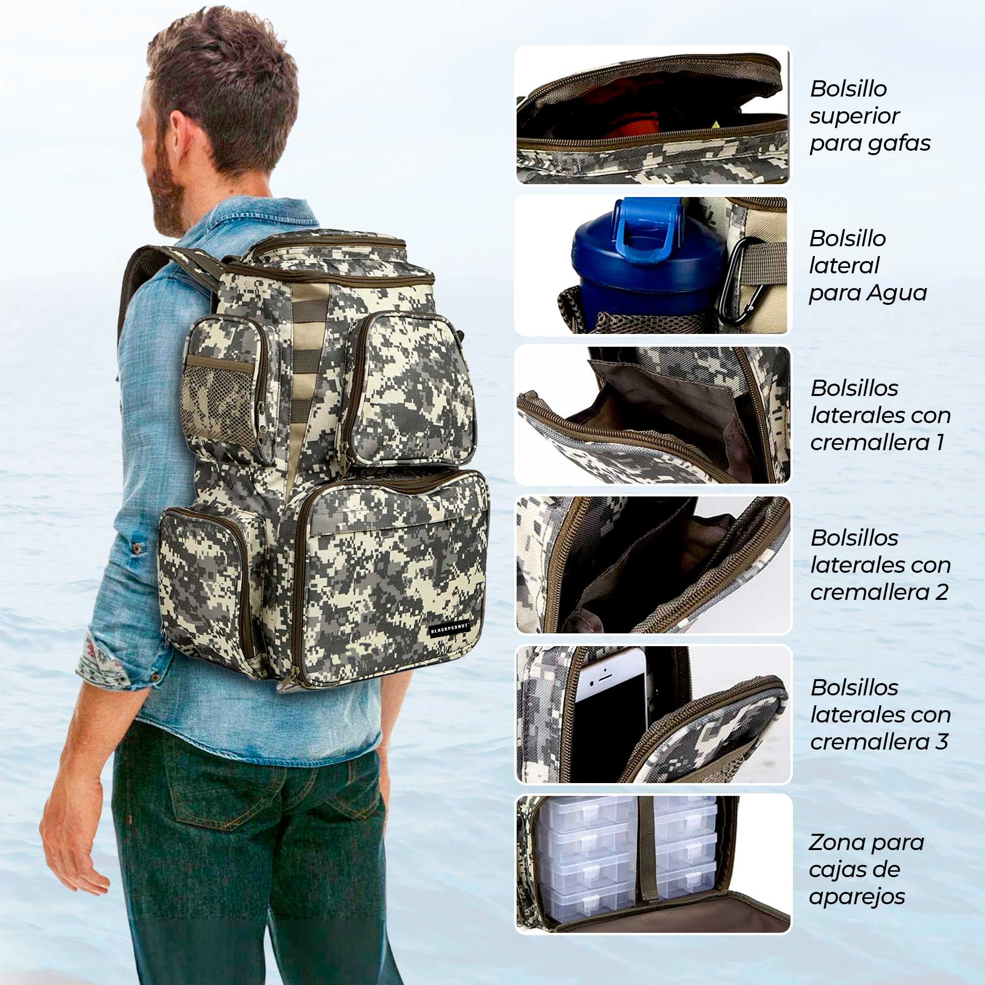 Mochila de Pesca - Cajas de Pesca Incluidas. Almacena y Organiza Tus Accesorios de Pesca- Carro de Pesa de Blackbass, Lucios, Carpfishing, Surfcasting Pesca Desde Orilla.