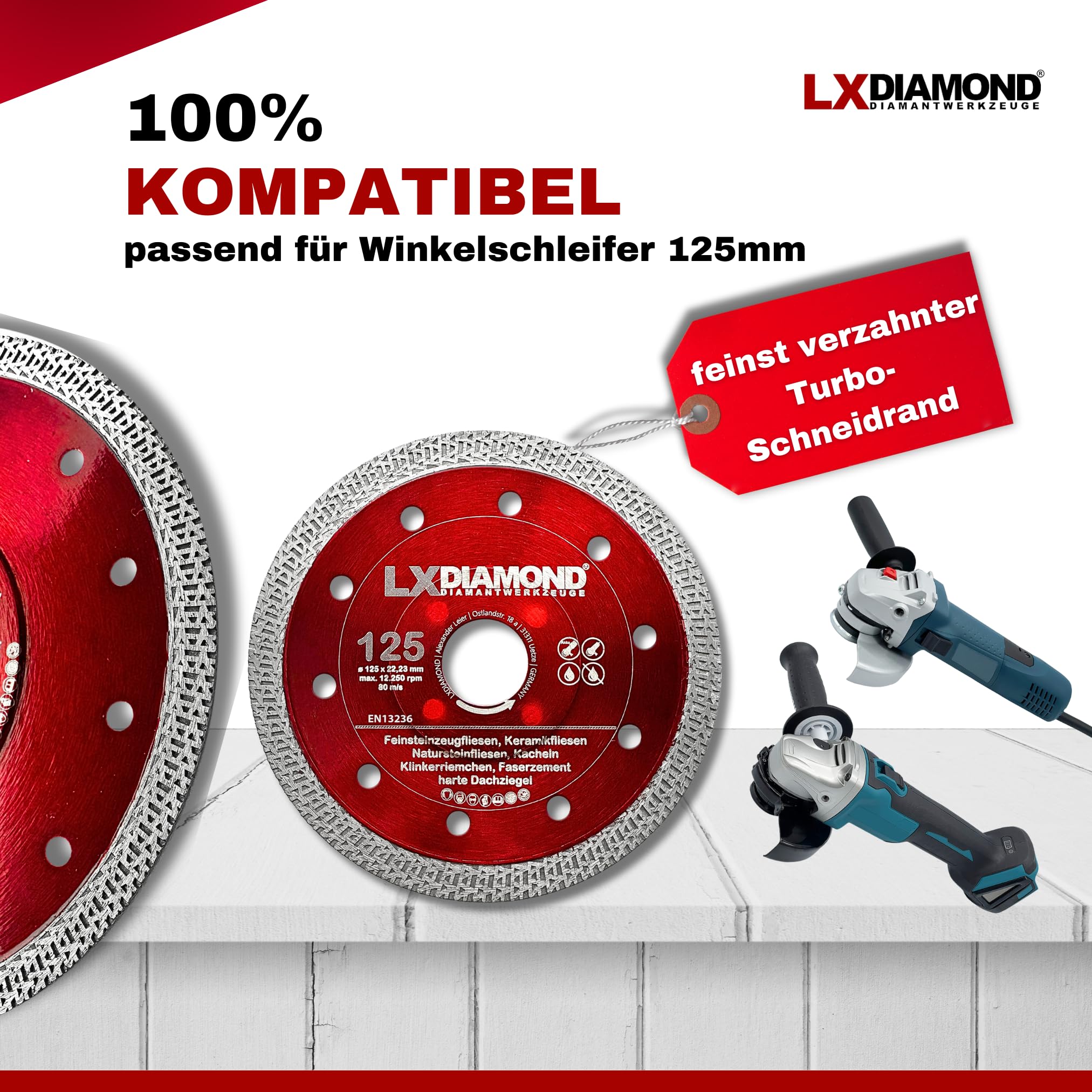 Diamant-Trennscheibe 125mm x 22,23mm - Diamantscheibe für Feinsteinzeugfliesen Fliesen Natursteinfliesen - Segmentbreite 1,4mm dünn - Premium Trennscheibe 125 mm für Winkelschleifer