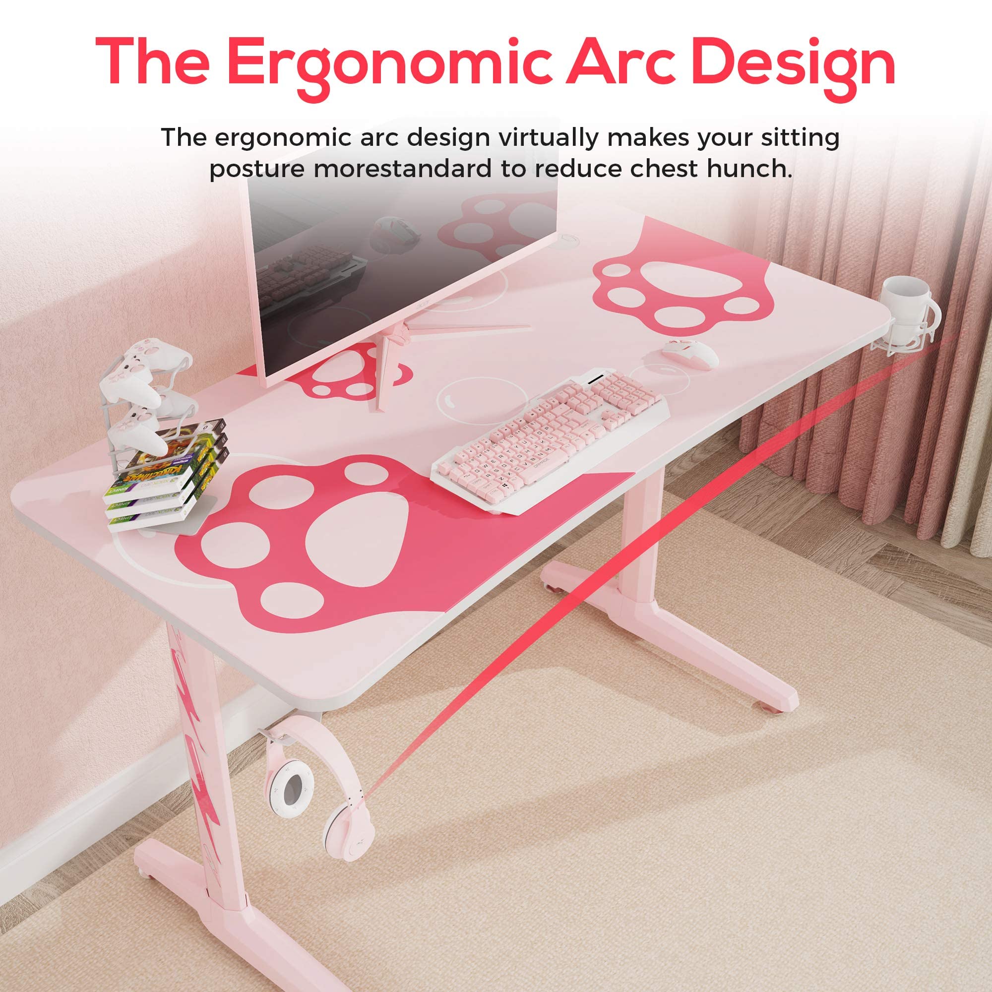 EUREKA ERGONOMIC Gaming Desk,47 Inch I Shaped Pink Computer Desk,Gaming