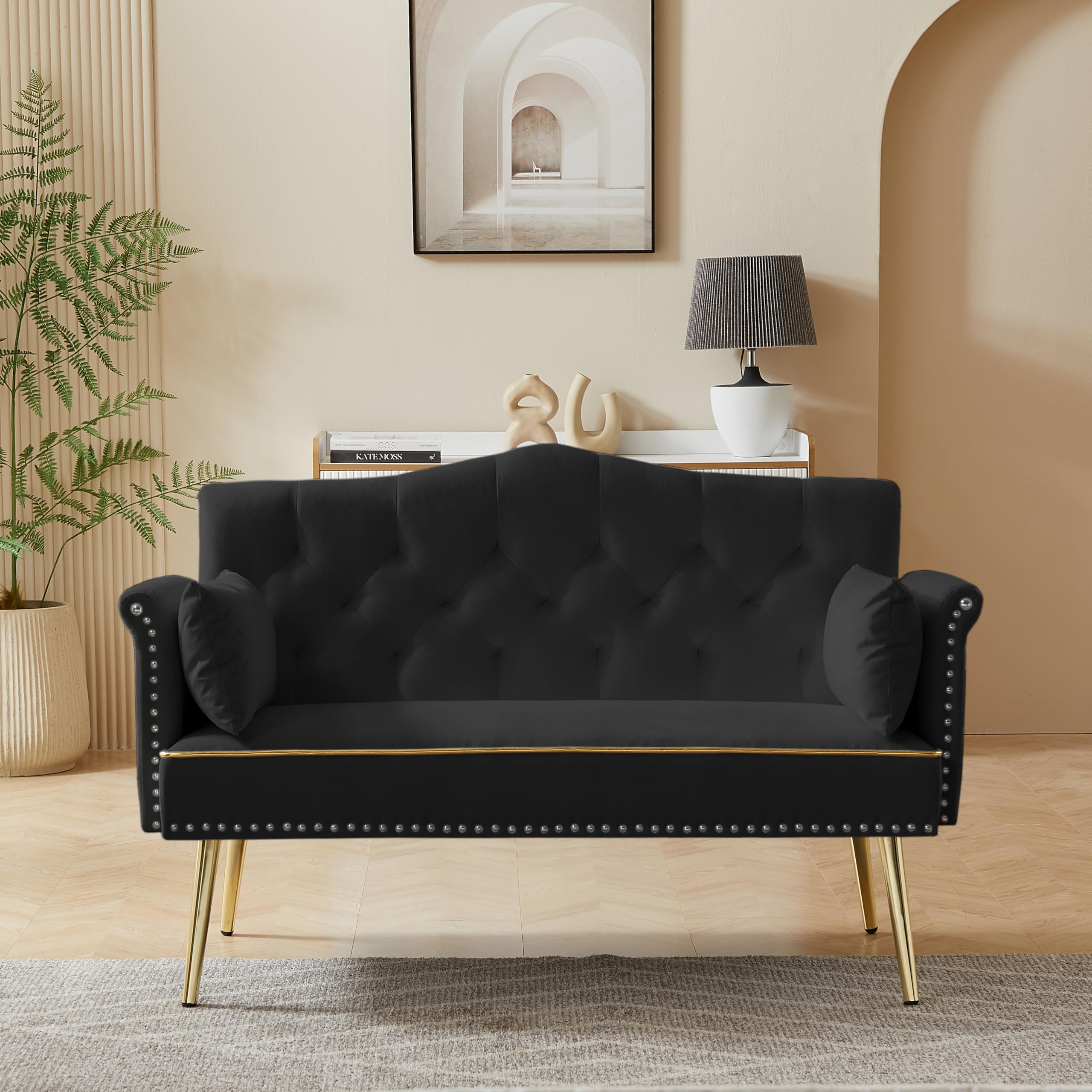 hansones 55-Inch Modern Velvet Loveseat Sofa with Gold Metal Legs & Side Pockets, Tufted Backrest, Perfect for Living Room, Bedroom, or Office (Black)