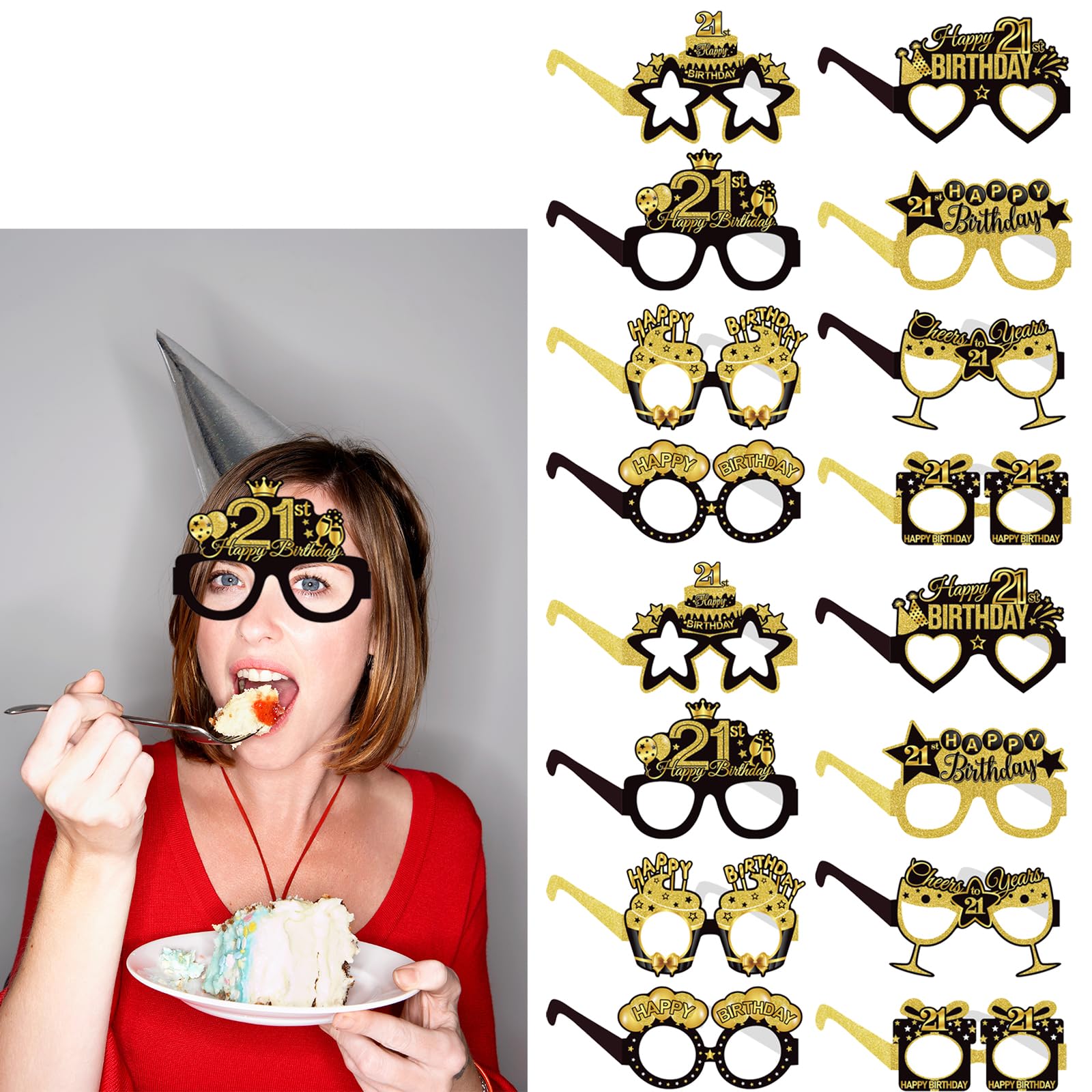 FANOST 24 Pieces 21st Birthday Decorations for Men/Women, Black and Gold 21st Birthday Glasses To Wear, Party Photo Booth Props for Her Him