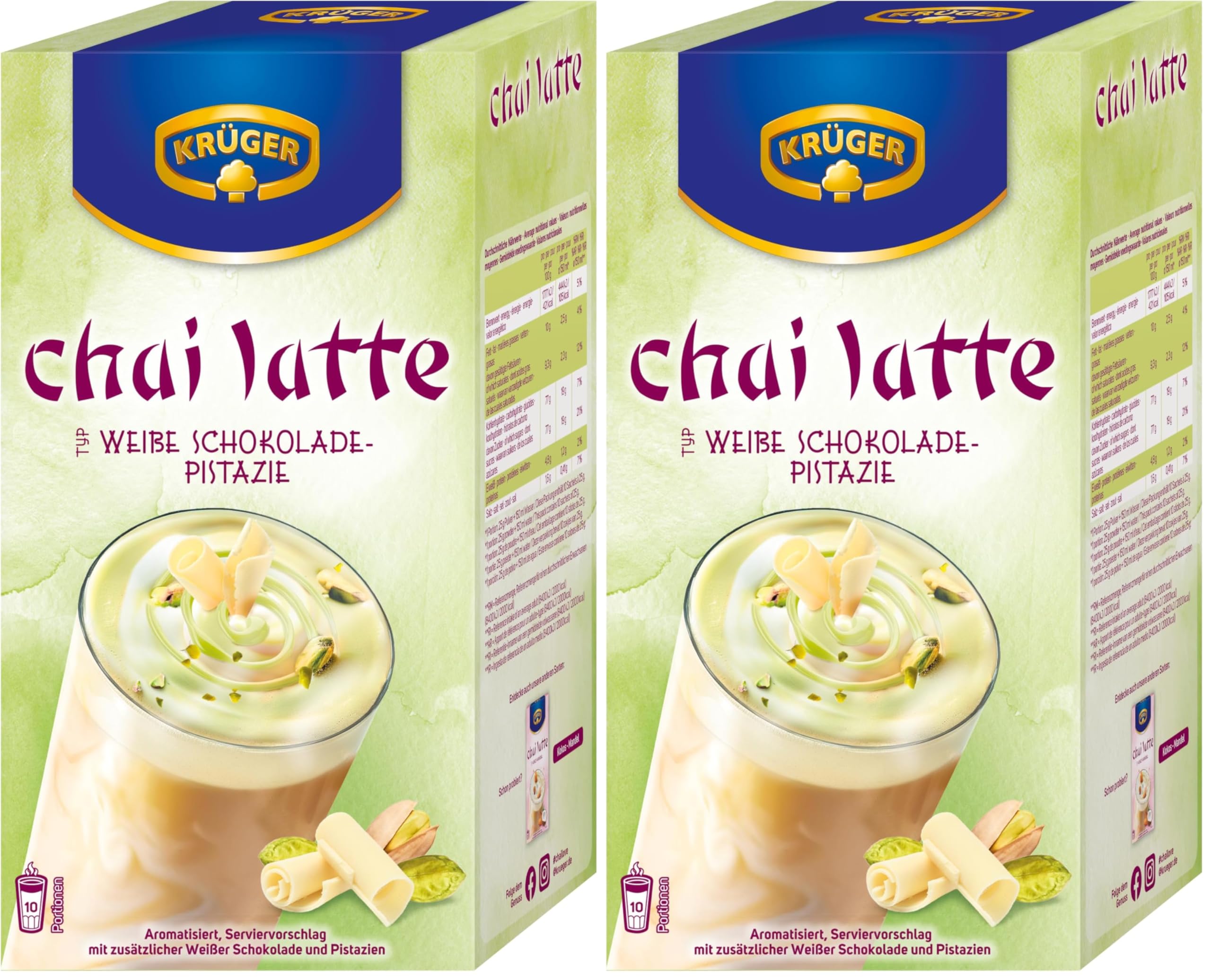 KRÜGER Chai Latte Weiße Schokolade & Pistazie, Instant-Pulver für Teegetränk, 250g (10x 25g Sachets) (Packung mit 2)