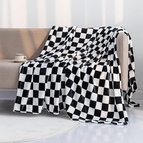 LOMAO Throw Blankets Flannel Blanket with Checkerboard Grid Pattern Soft Throw Blanket for Couch, Bed, Sofa Luxurious Warm and Cozy for All Seasons (Black, 50"x60")