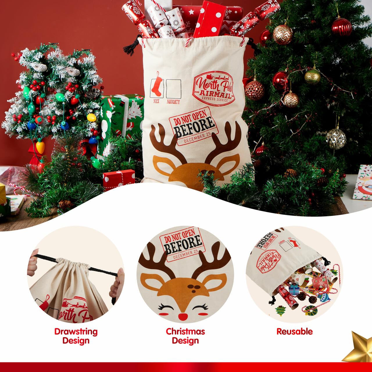 Juvale Jumbo Christmas Candy Cane Gift Bags, Durable Large Plastic Sacks, 36x48 Inches, Set Of 6