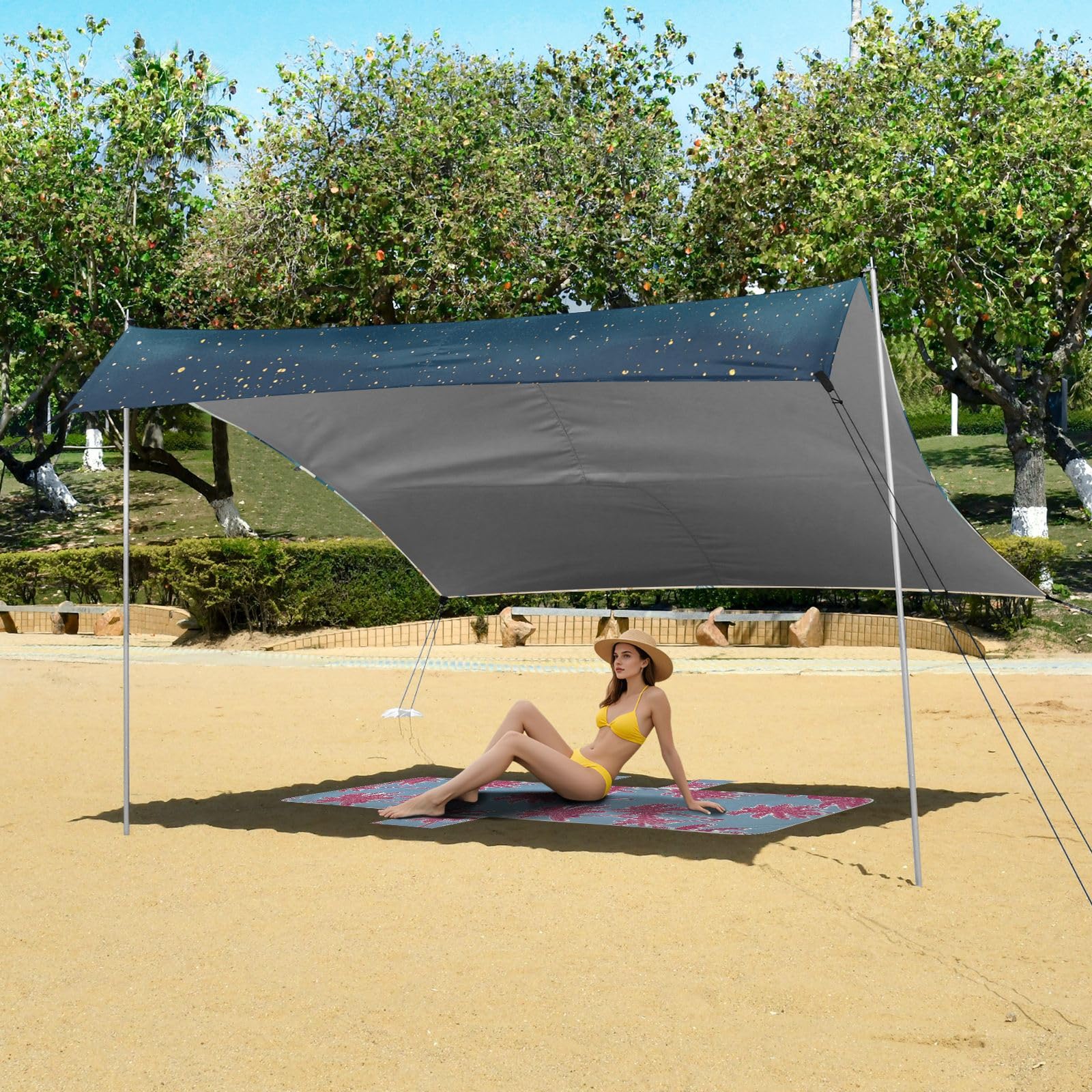 Pare-soleil portable étanche UPF50+ avec sacs de sable et pelle pour camping, pique-nique, jardin
