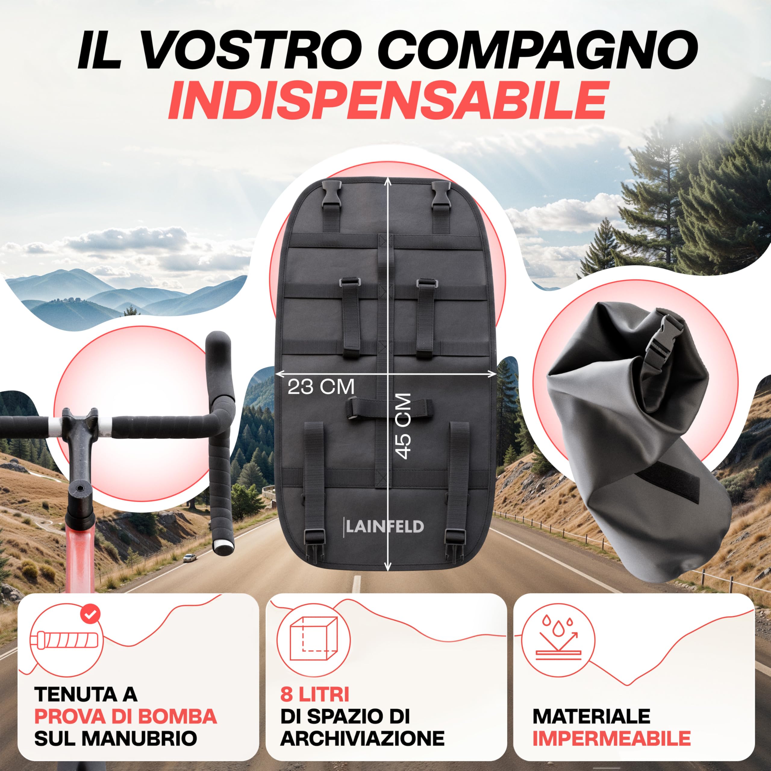 LAINFELD Borsa per manubrio bicicletta [8 litri] | 100% impermeabile | stampa riflettente – Borsa per bicicletta manubrio bicicletta anteriore bicicletta bicicletta bicicletta MTB